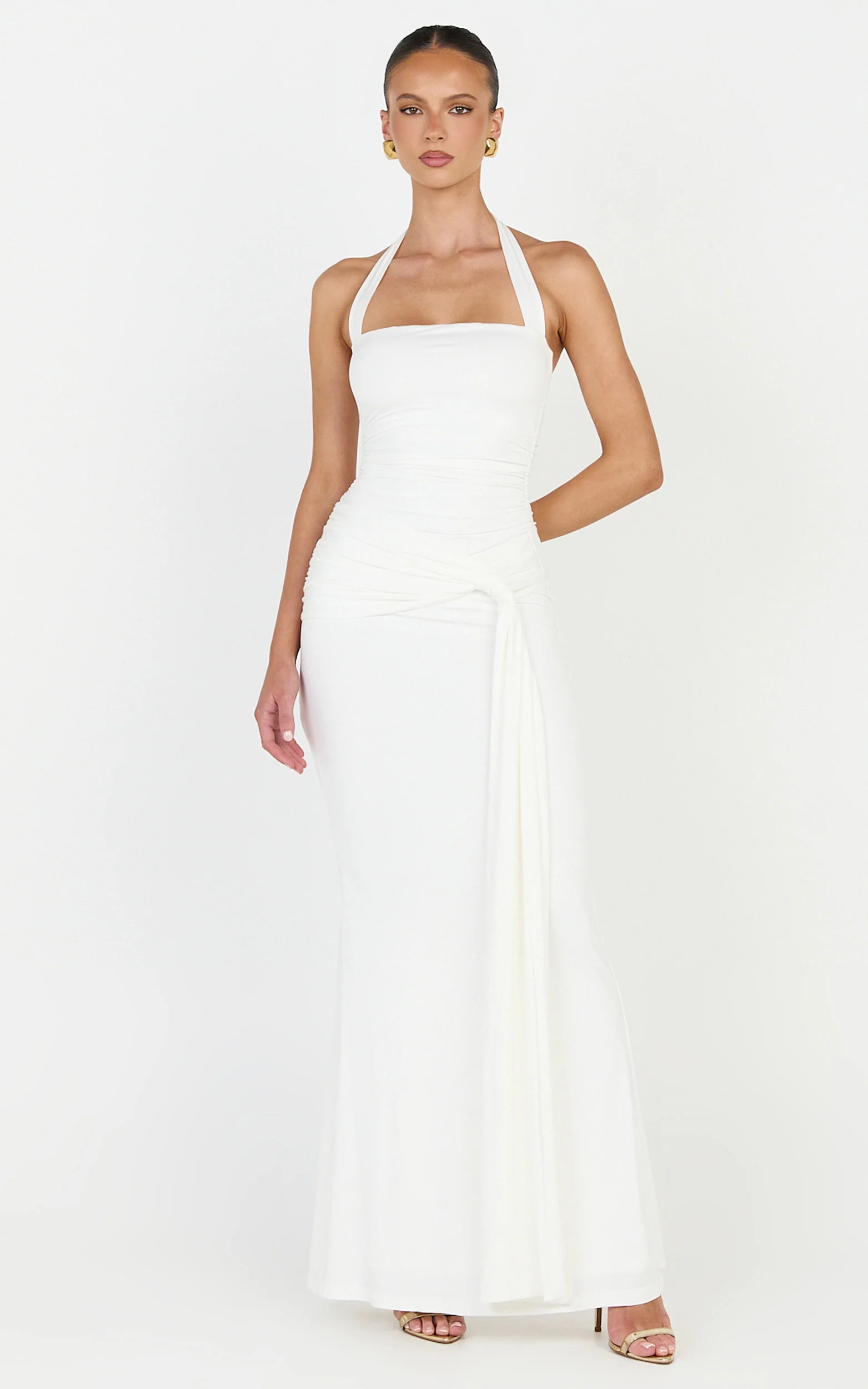 Amaya Maxi Dress - Draped Sash Halter Dress in White - Image 4