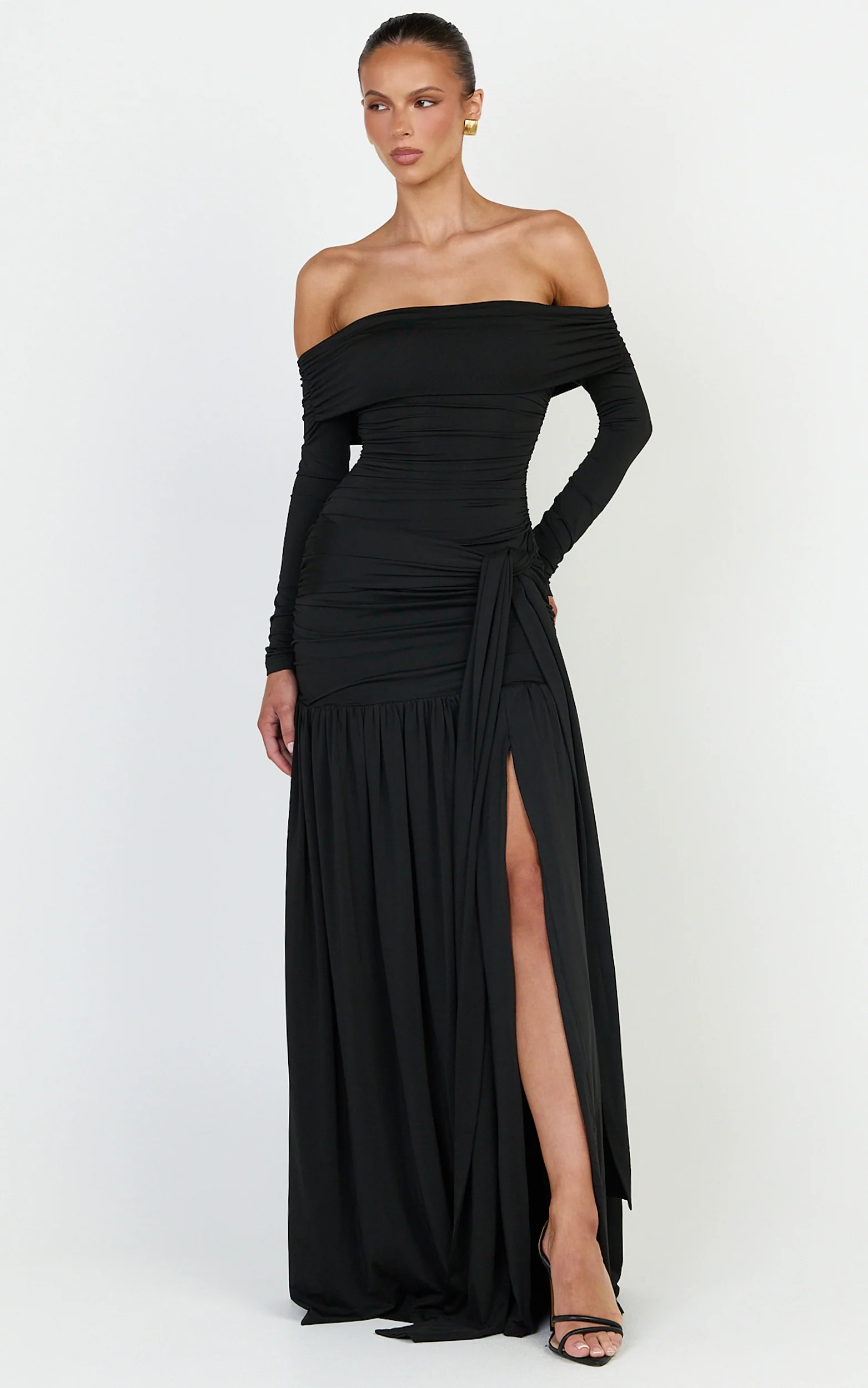 Amaya Maxi Dress - Off Shoulder Draped Long Sleeve Dress in Black - Image 4