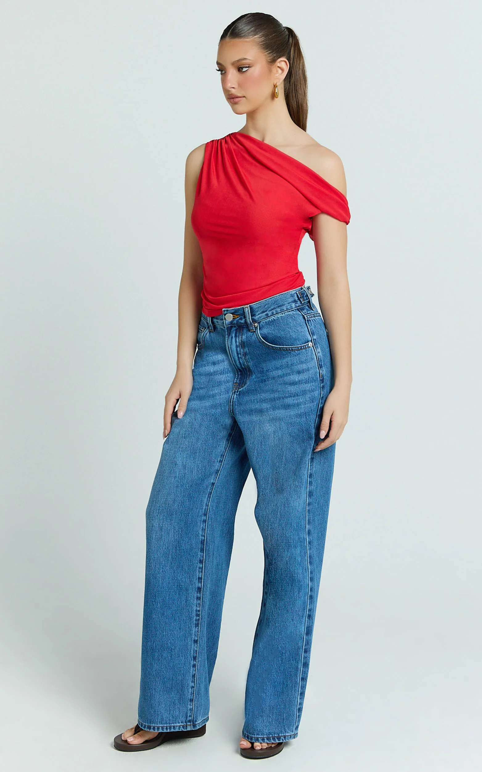 Amaya Top - Off Shoulder Twist Asymmetrical Sleeve Top in Red - Image 4