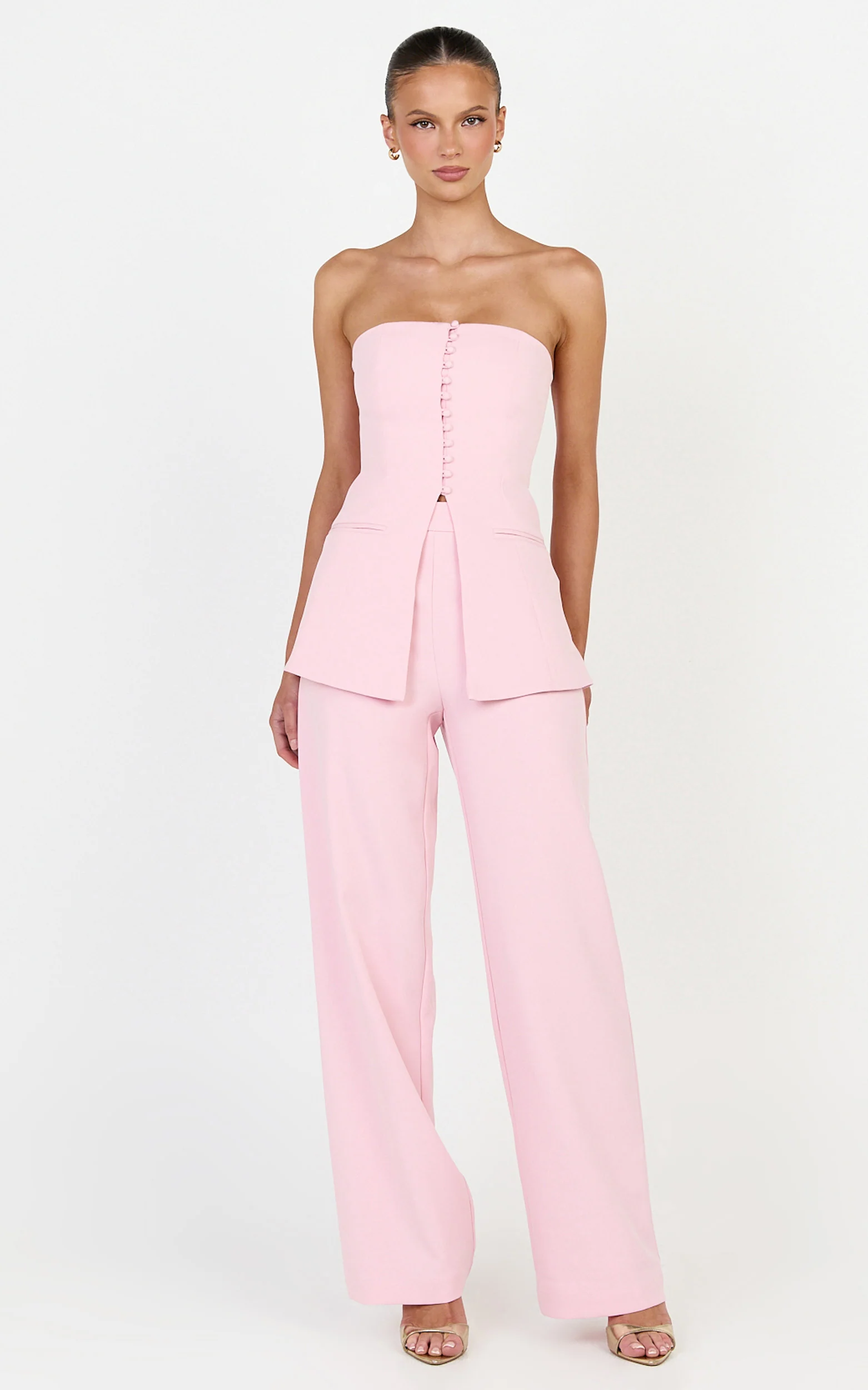 Amelia Two Piece Top and Pant Set - Strapless Button Down Top And Tailored Wide Leg Pants Set in Pink - Image 4