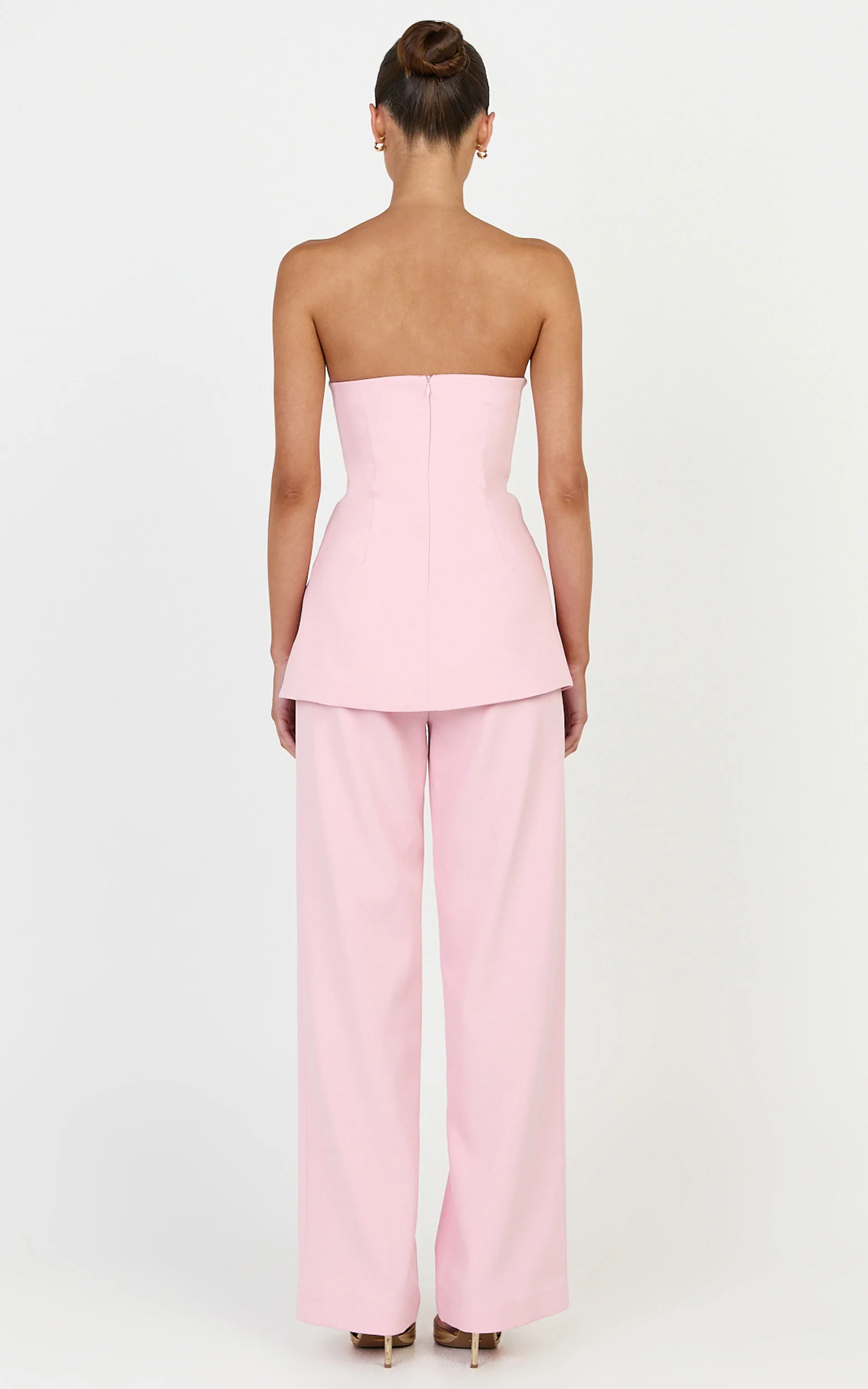 Amelia Two Piece Top and Pant Set - Strapless Button Down Top And Tailored Wide Leg Pants Set in Pink - Image 5