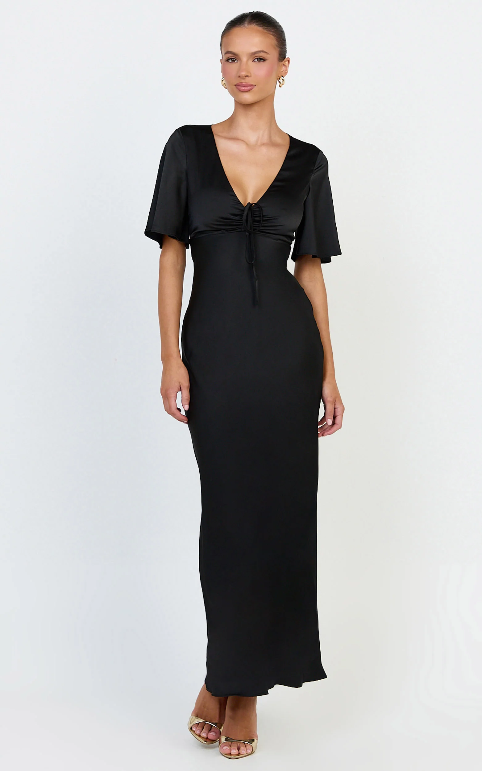 Amelie Maxi Dress - Ruched Front Angel Sleeve Satin Dress in Black - Image 3