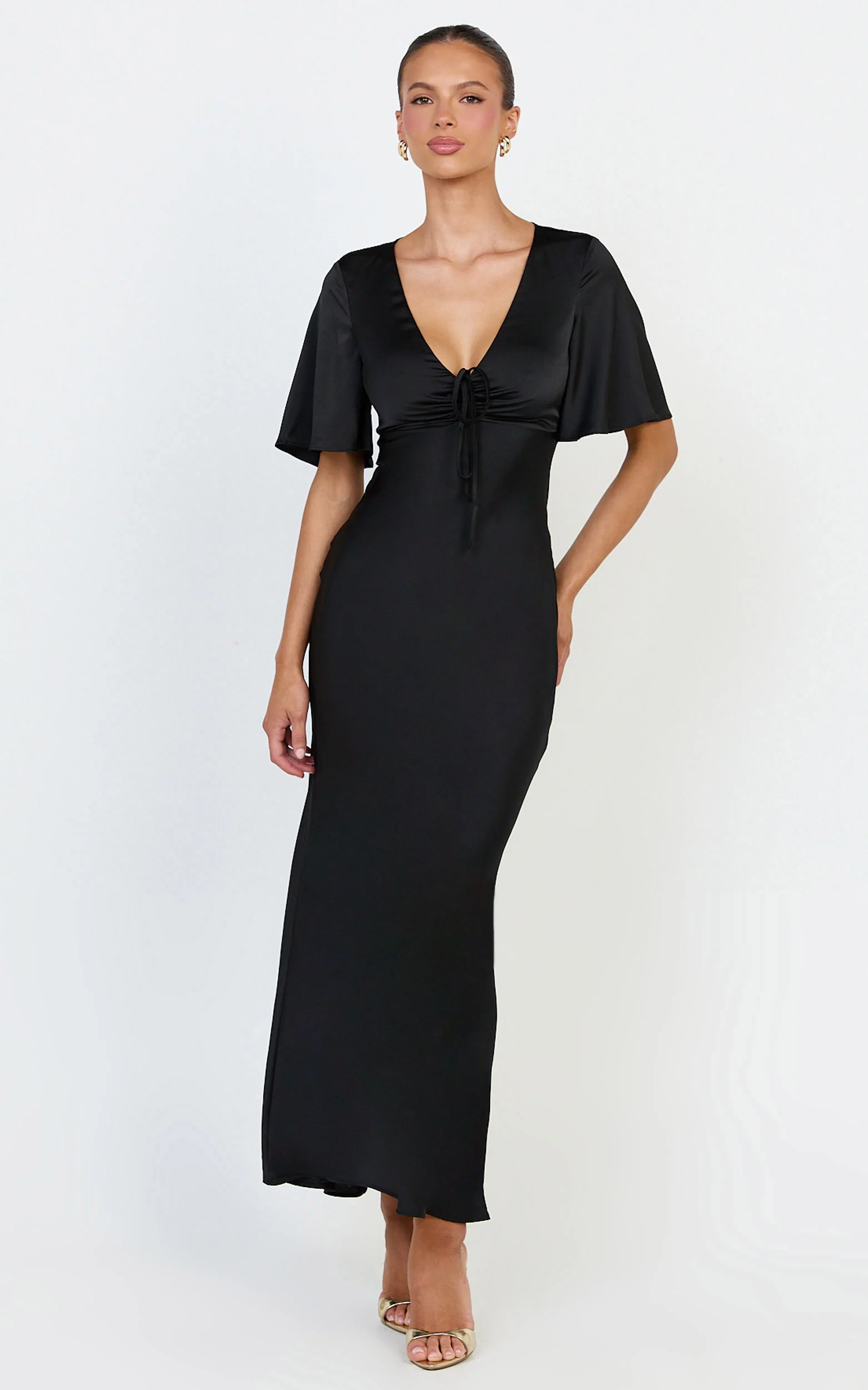 Amelie Maxi Dress - Ruched Front Angel Sleeve Satin Dress in Black - Image 4