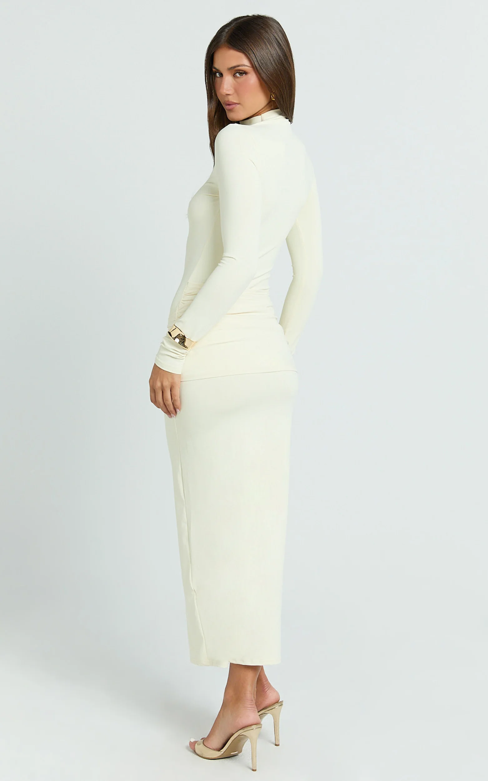 Amelita Midi Dress - Long Sleeve Knot Detail Dress in Cream - Image 5