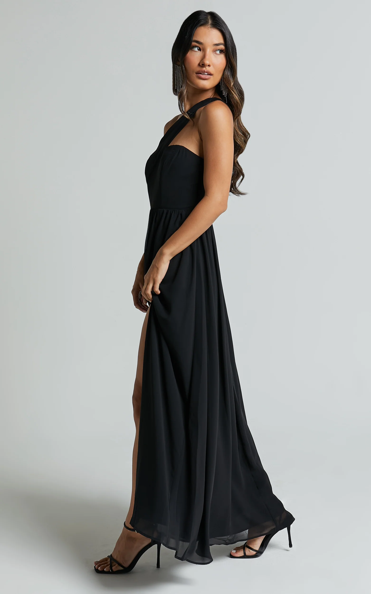 Amorette Maxi Dress - One Shoulder Detail Gown Dress in Black - Image 3