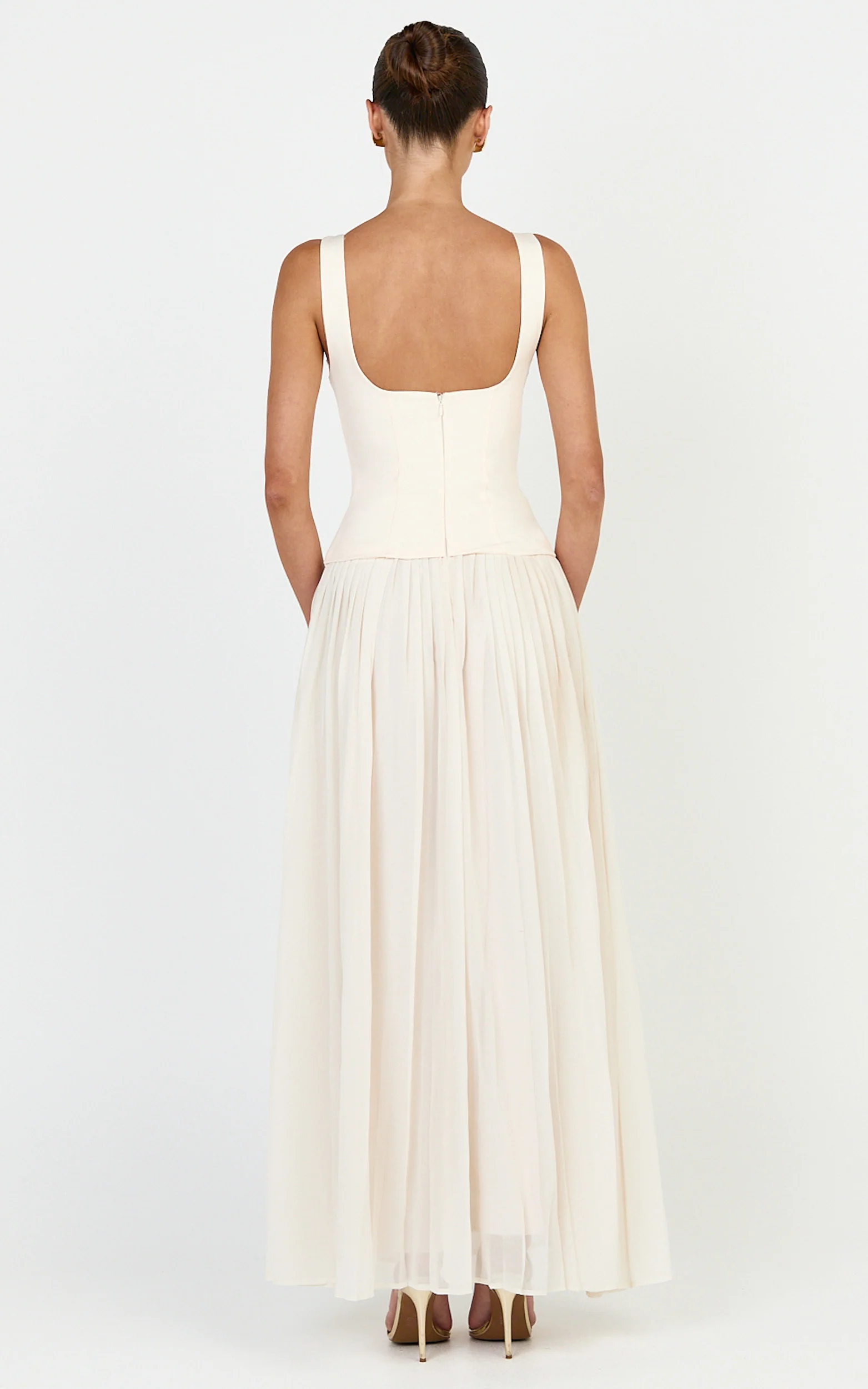 Amoura Maxi Dress - Square Neck Contrast Pleated Georgette Dress in Cream - Image 5