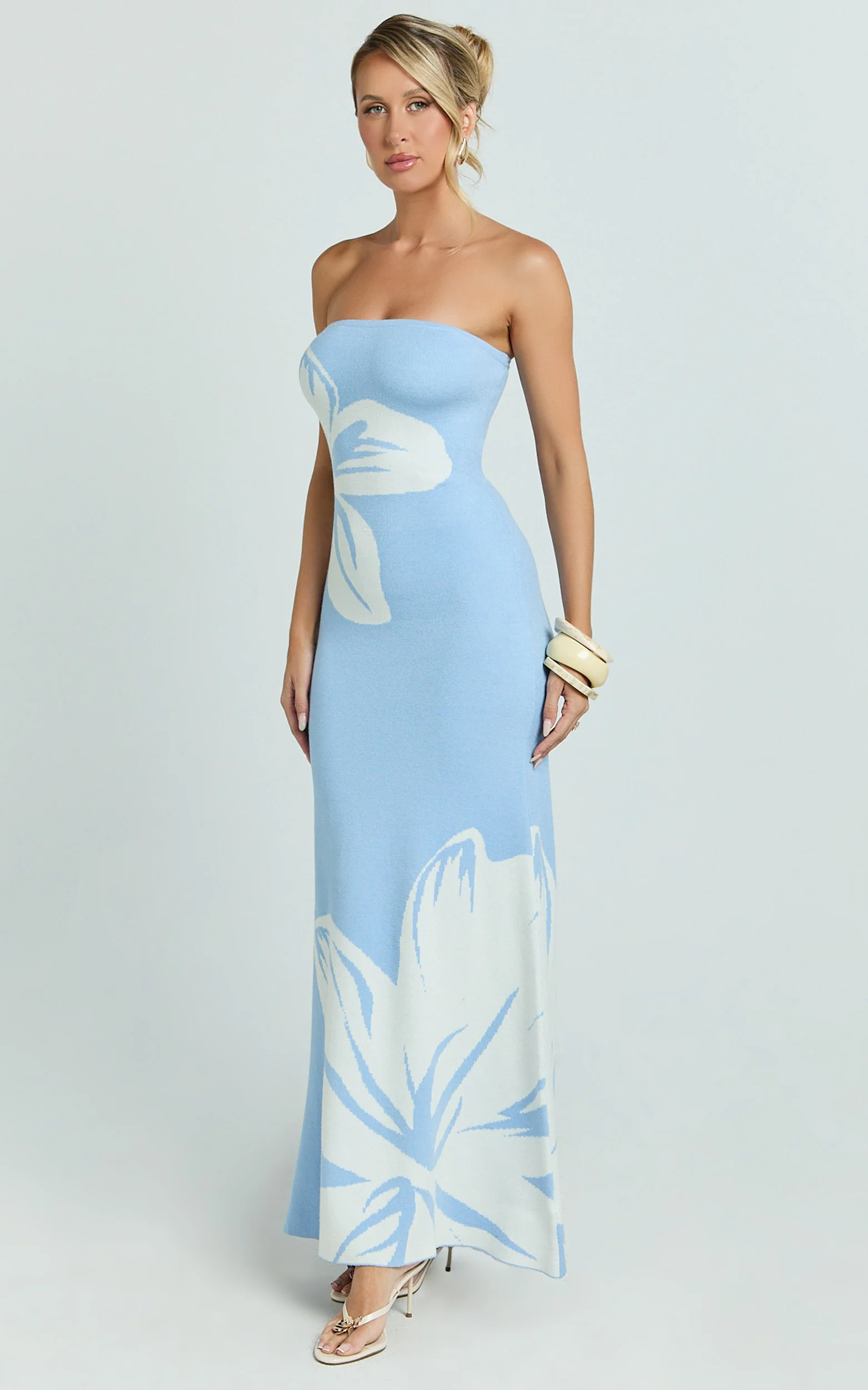 Amy Midi Dress - Knit Strapless Column Dress in Intarsia Print - Image 2