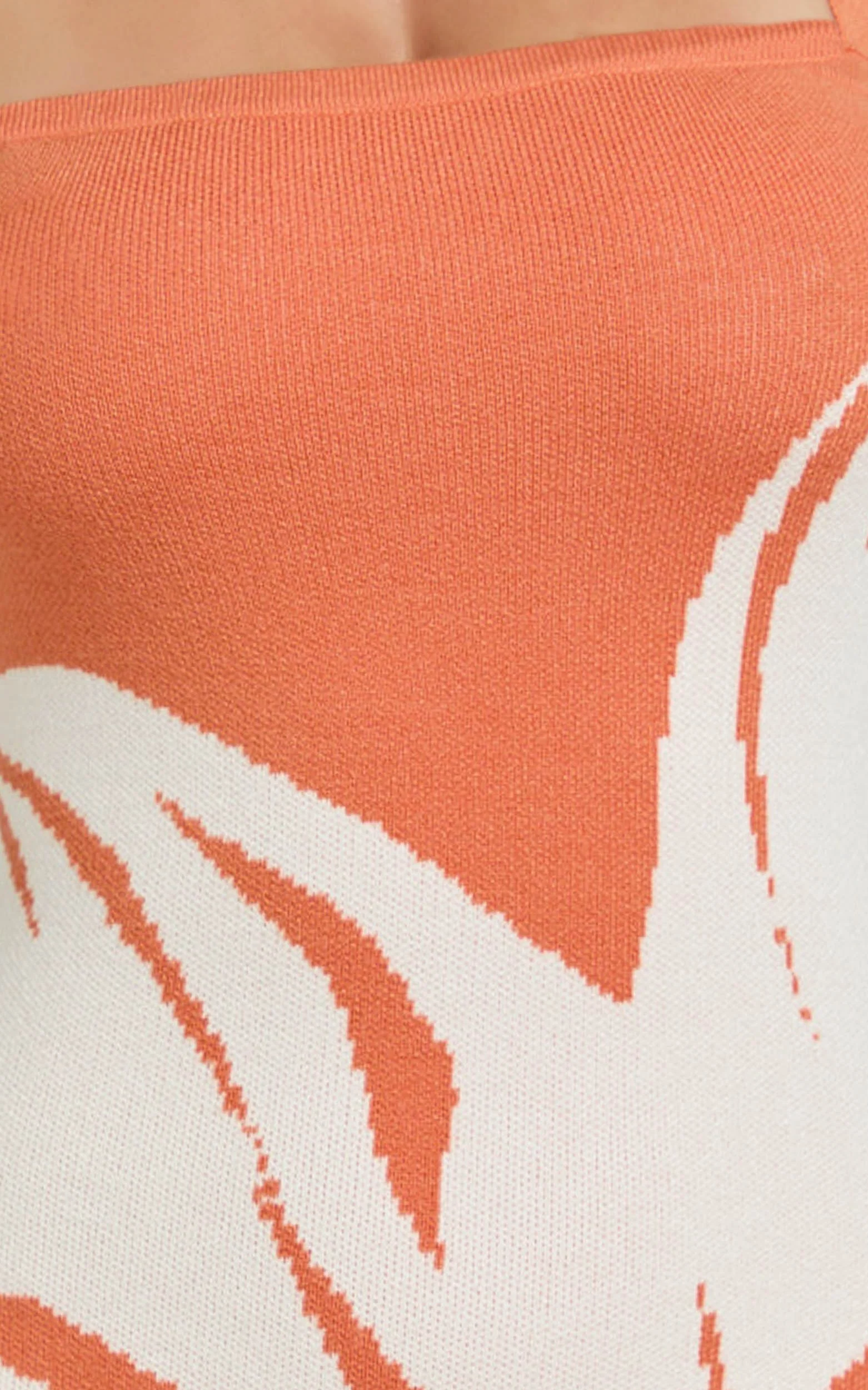 Amy Mini Dress - Knit Straight Halter Neck Bodycon Dress in Orange Intarsia Print - Image 6