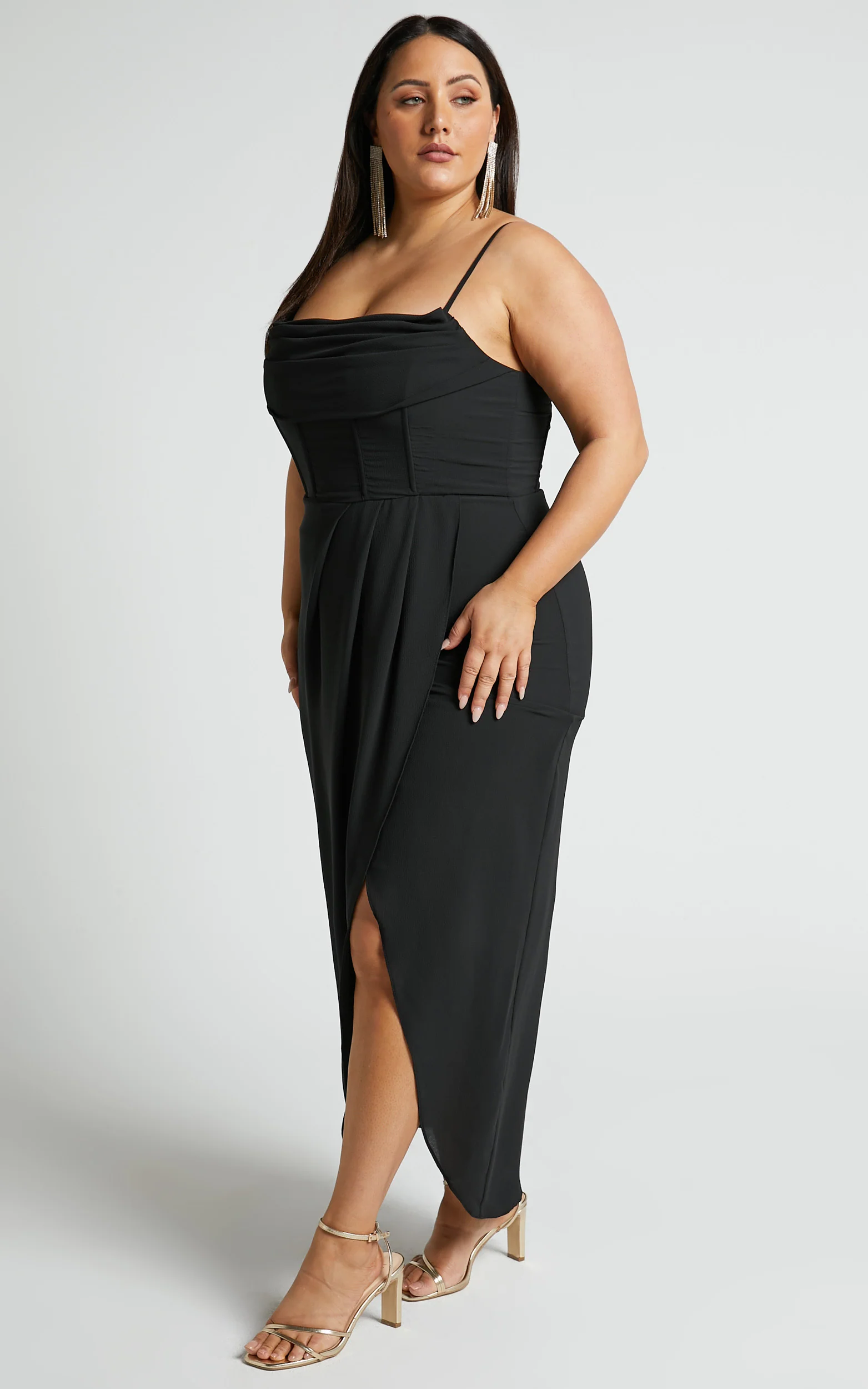 Andrina Midi Dress - High Low Wrap Corset Dress in Black - Image 6