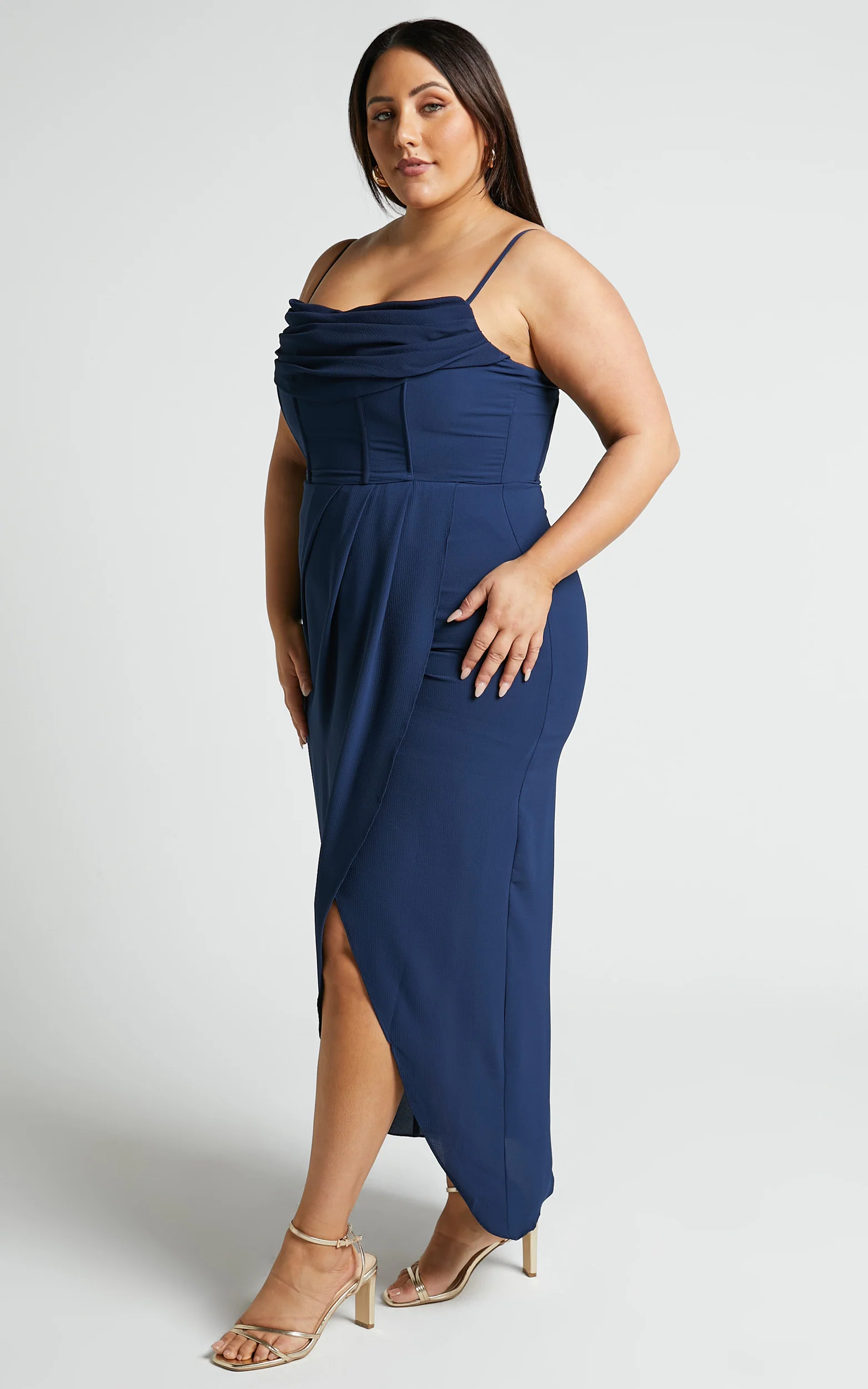 Andrina Midi Dress - High Low Wrap Corset Dress in Navy - Image 5
