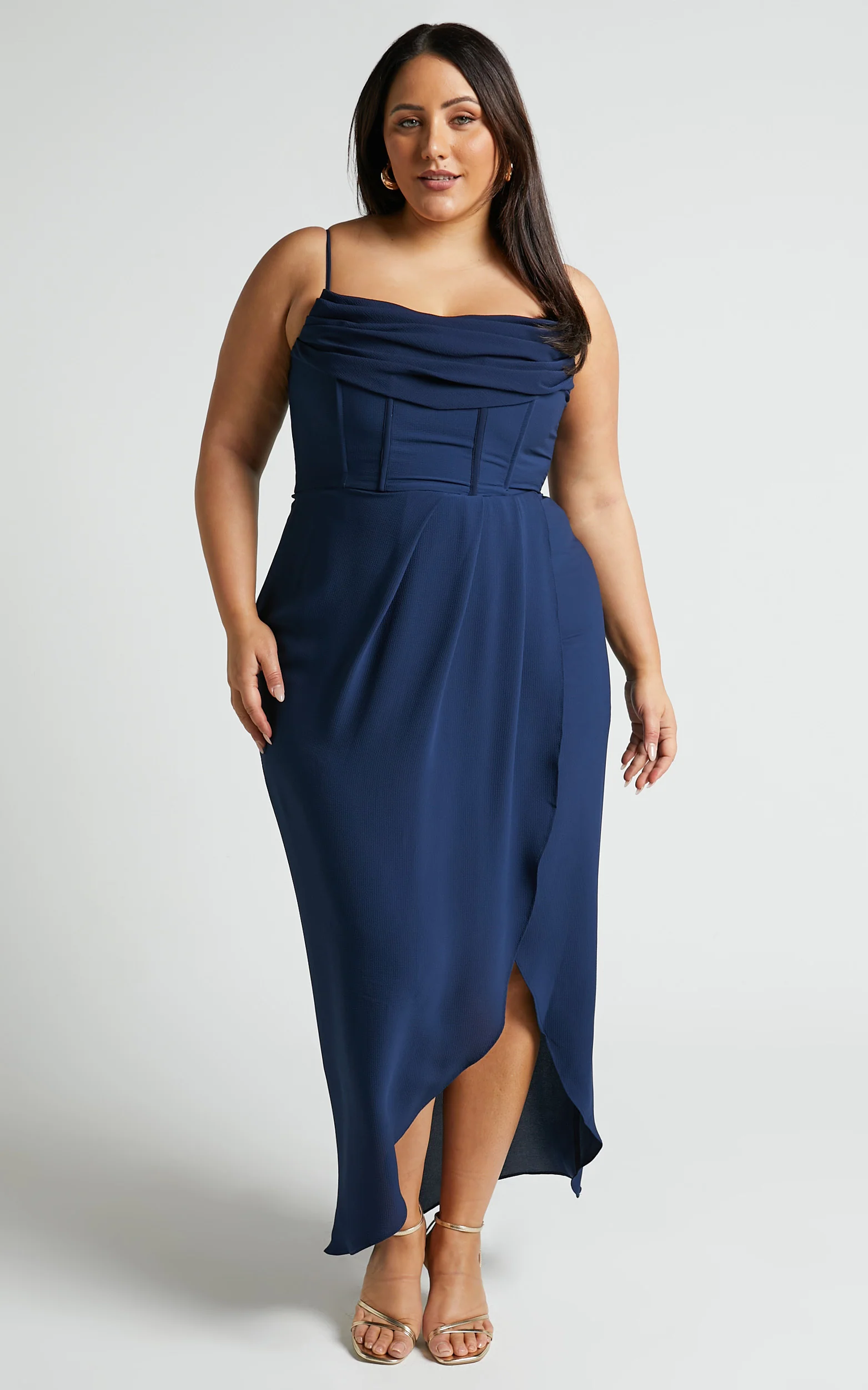 Andrina Midi Dress - High Low Wrap Corset Dress in Navy - Image 7