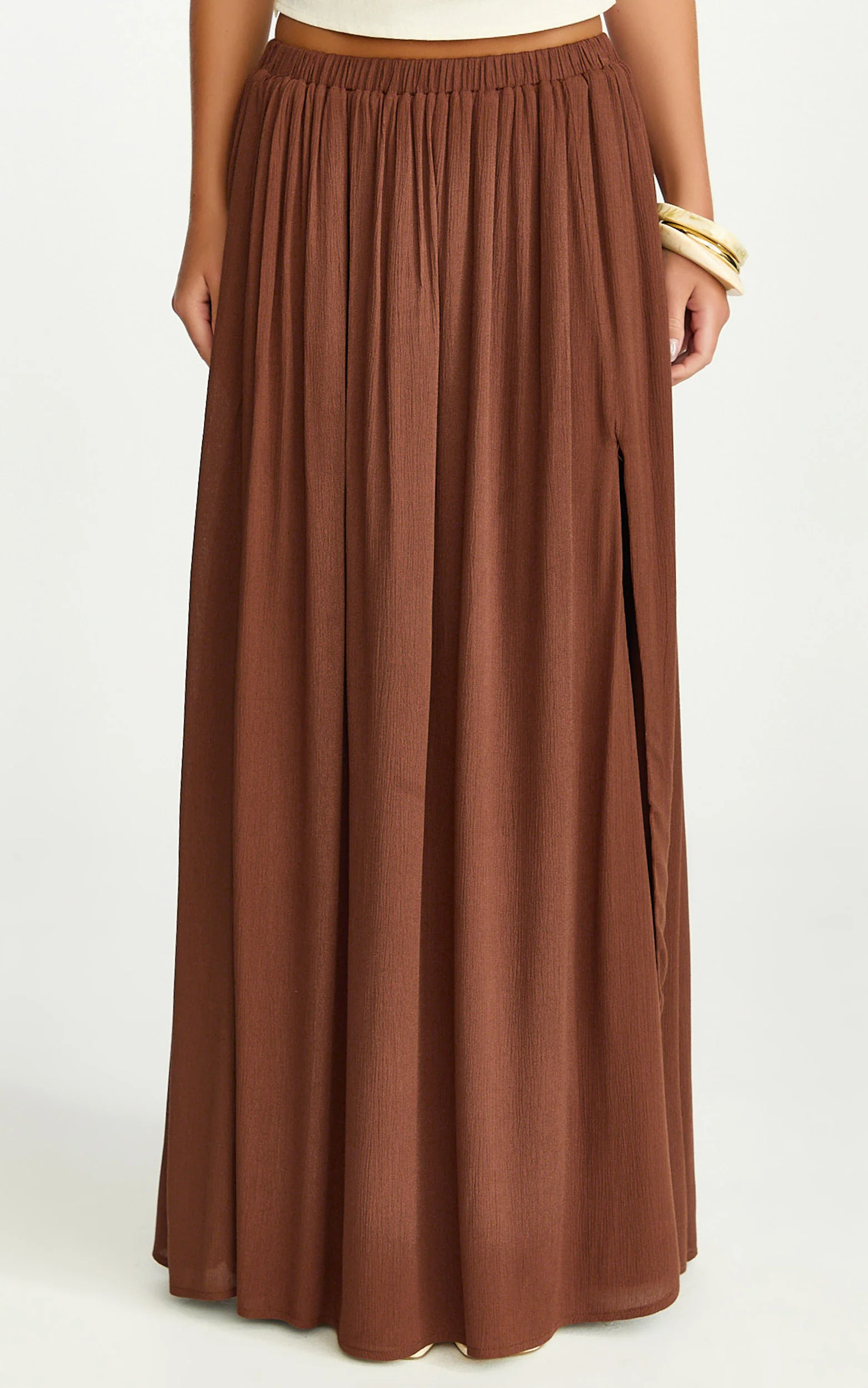 Anessa Maxi Skirt - Elastic Waist Maxi Skirt With Thigh Split in Mocha - Image 2