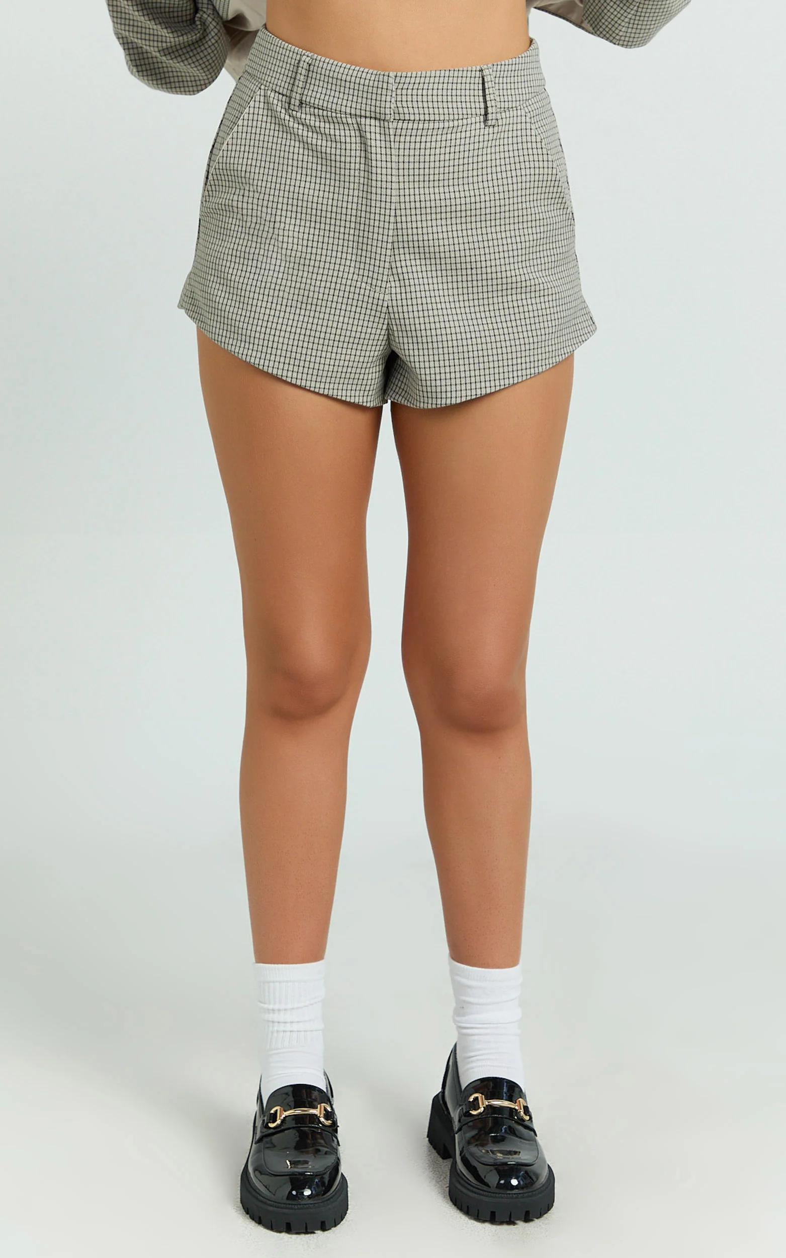 Angela Shorts - High Waist Micro Mini Shorts in Beige Check - Image 2