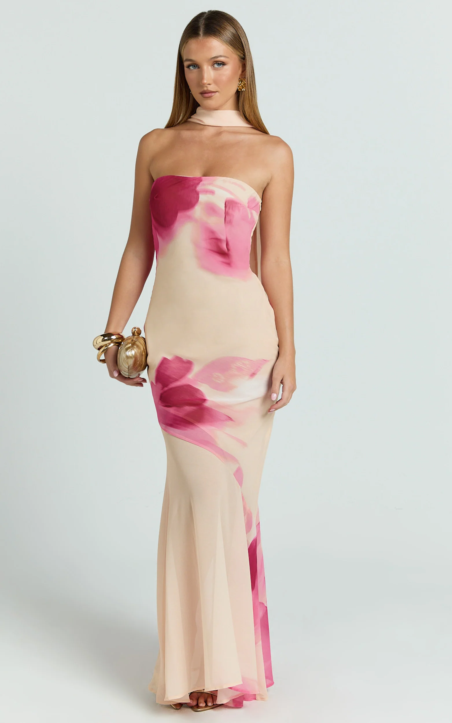 Angie Maxi Dress - Strapless Bias Column Dress with Scarf in Electric Bloom Lemon - Image 3