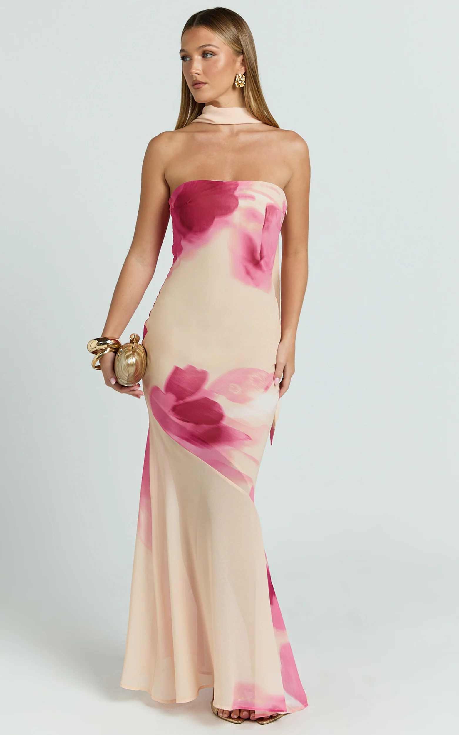 Angie Maxi Dress - Strapless Bias Column Dress with Scarf in Electric Bloom Lemon - Image 5