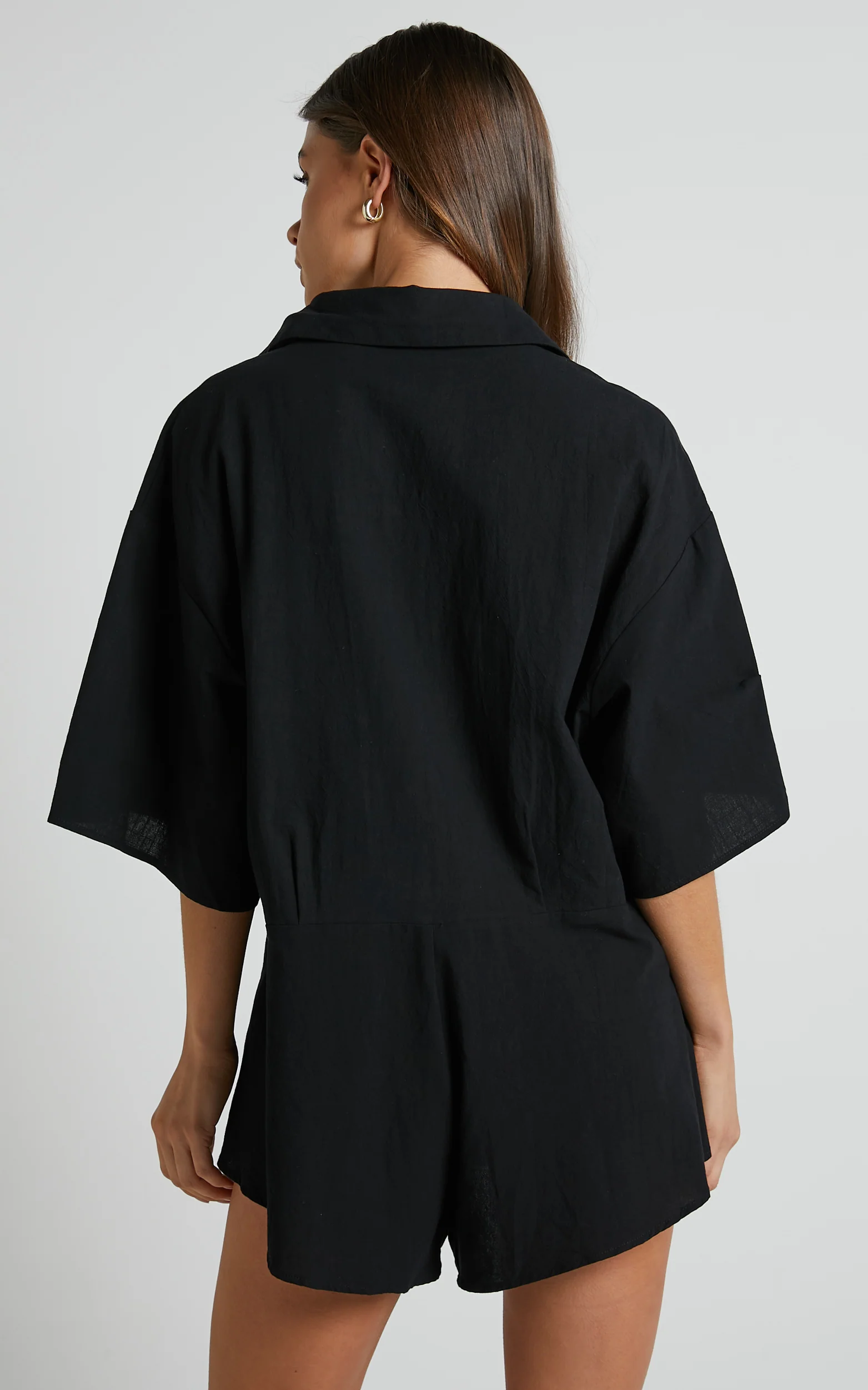 Ankana Playsuit - Short Sleeve Relaxed Button Front Playsuit in Black - Image 7