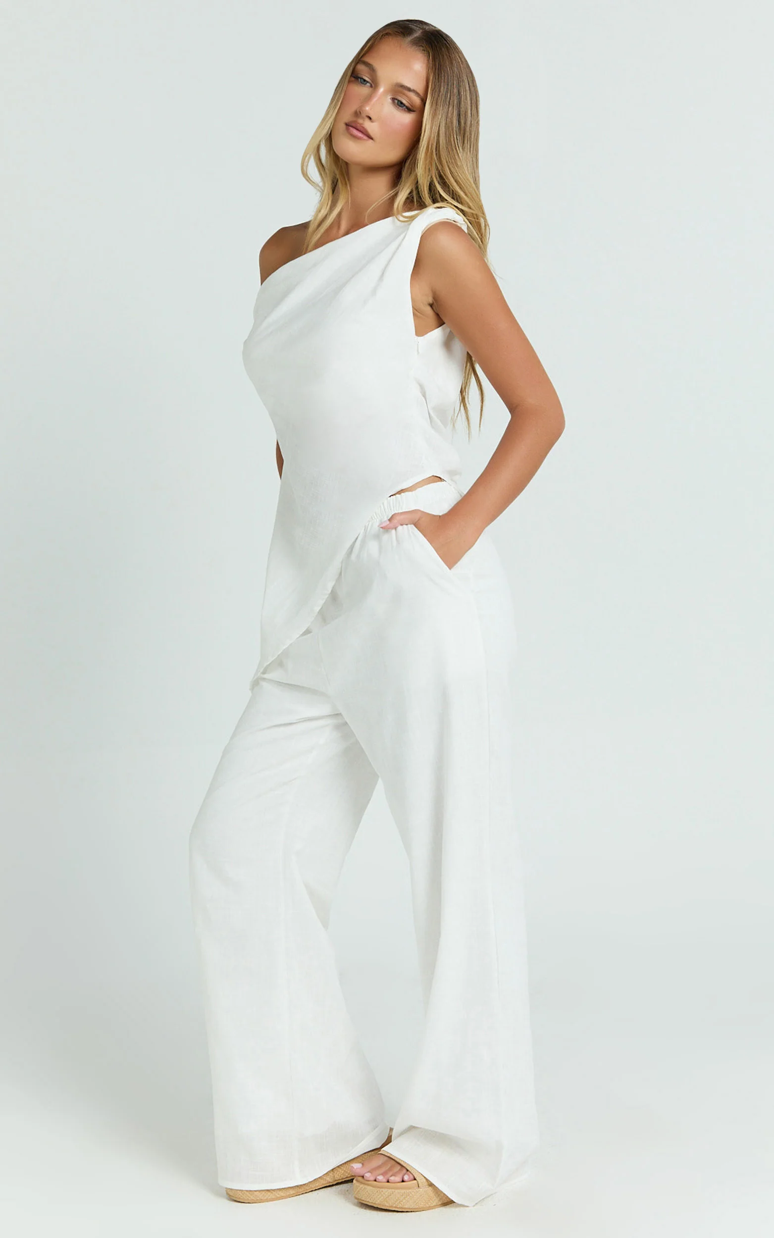 Annalie Two Piece Top and Pants Set - Off Shoulder Linen Set in White - Image 2