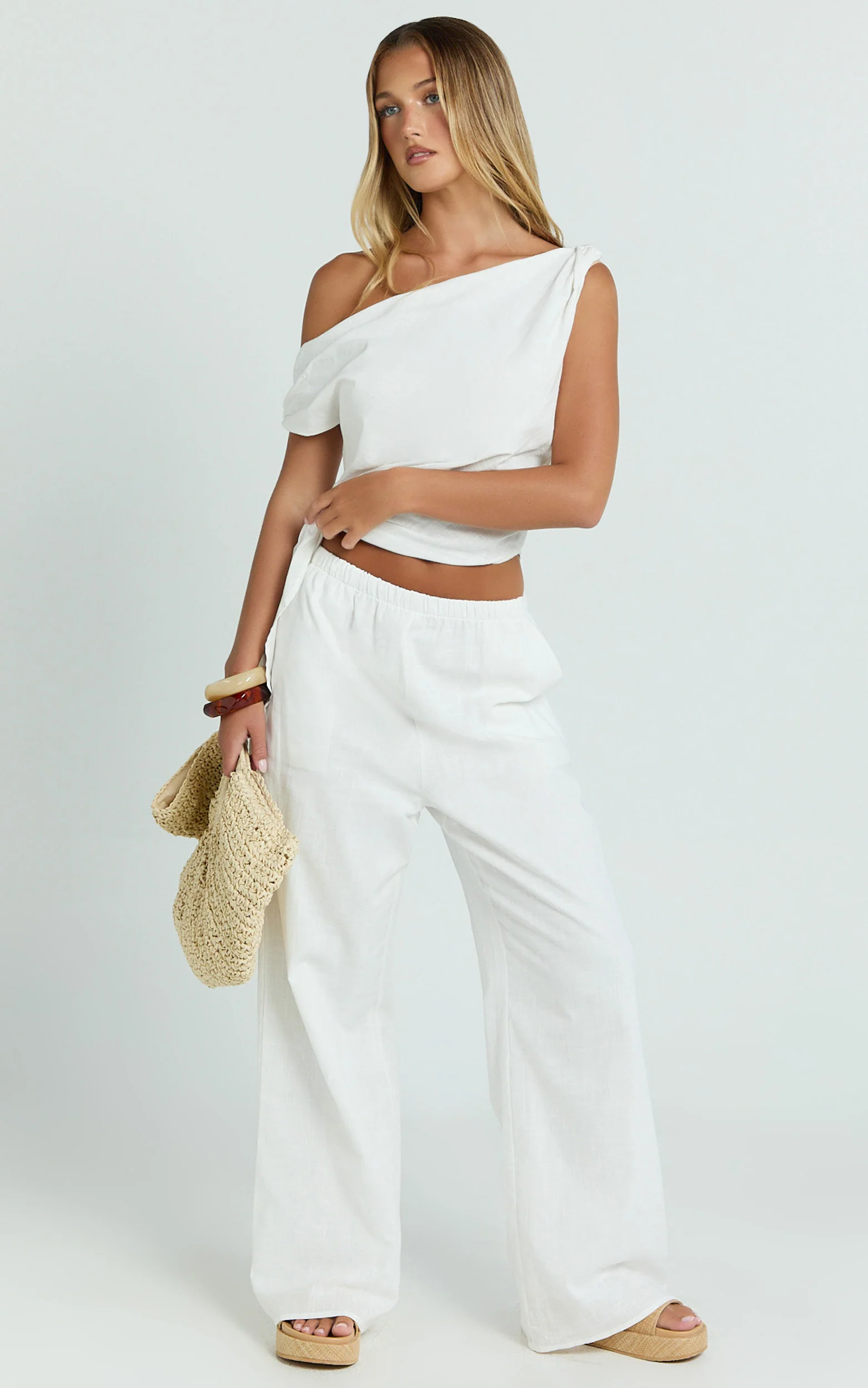 Annalie Two Piece Top and Pants Set - Off Shoulder Linen Set in White - Image 3