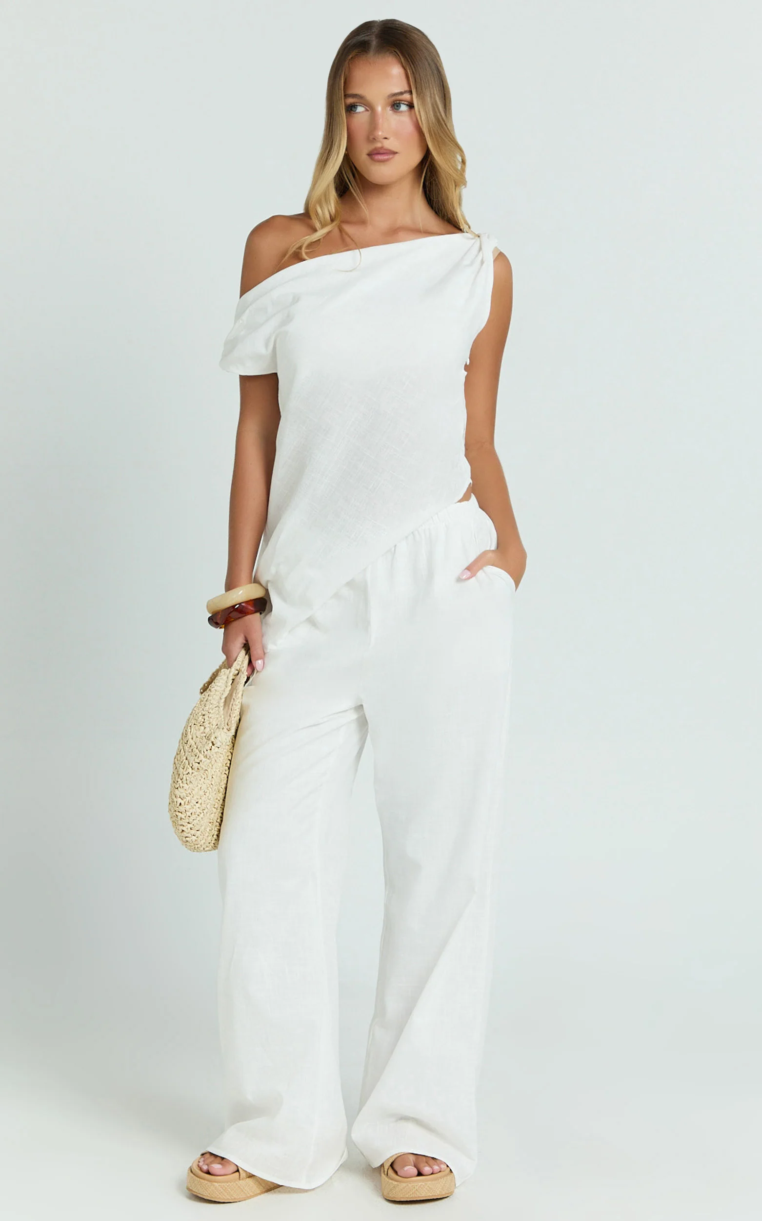 Annalie Two Piece Top and Pants Set - Off Shoulder Linen Set in White - Image 4