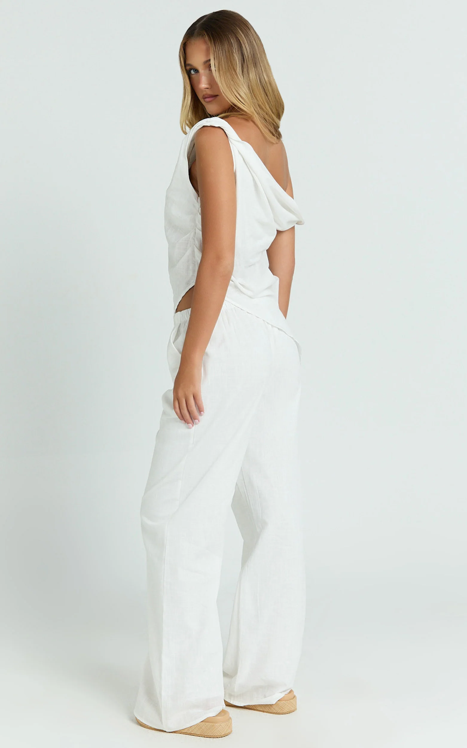 Annalie Two Piece Top and Pants Set - Off Shoulder Linen Set in White - Image 6