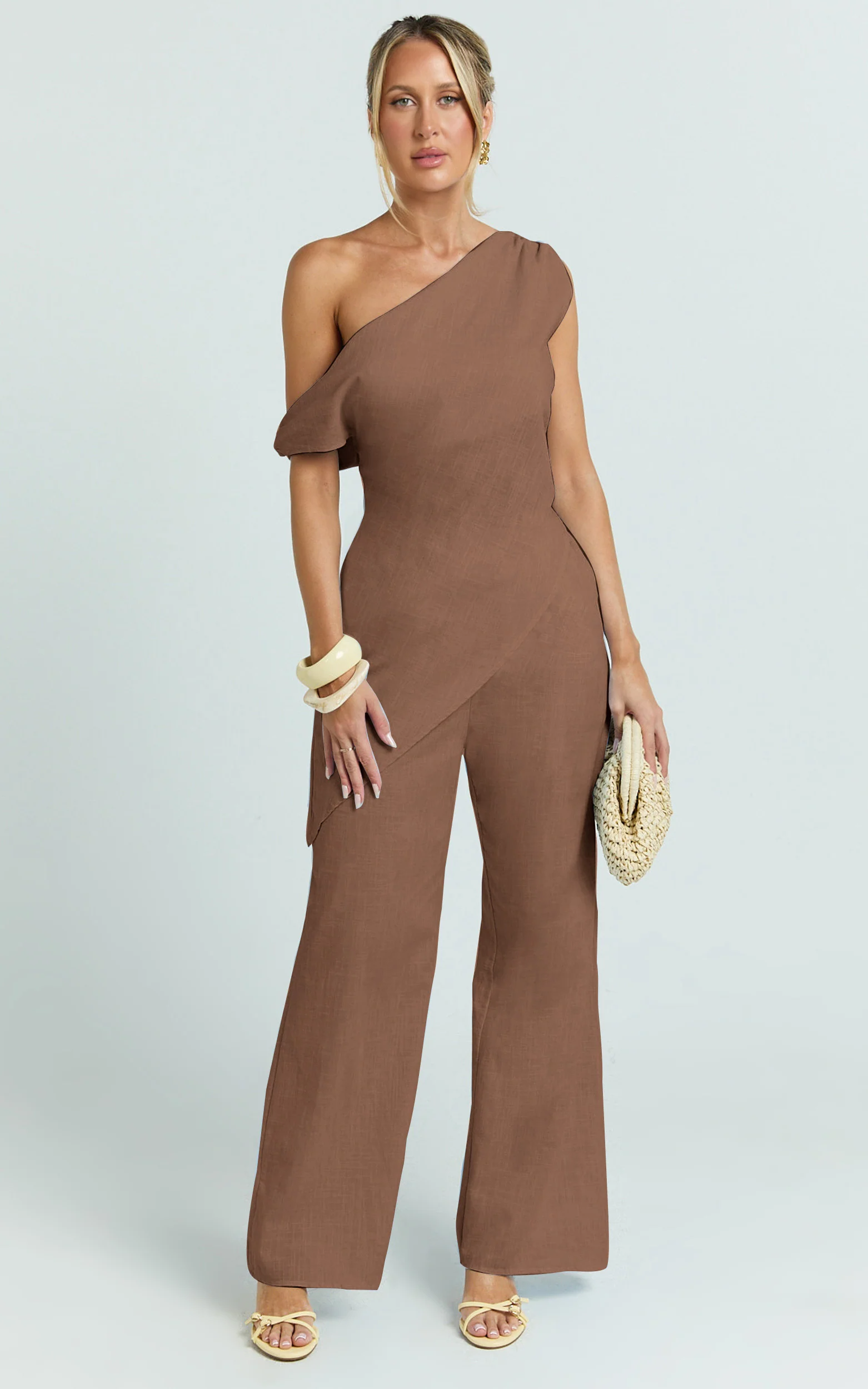 Annalie Two Piece Top and Pants Set - Off Shoulder Linen Set in Mocha - Image 3