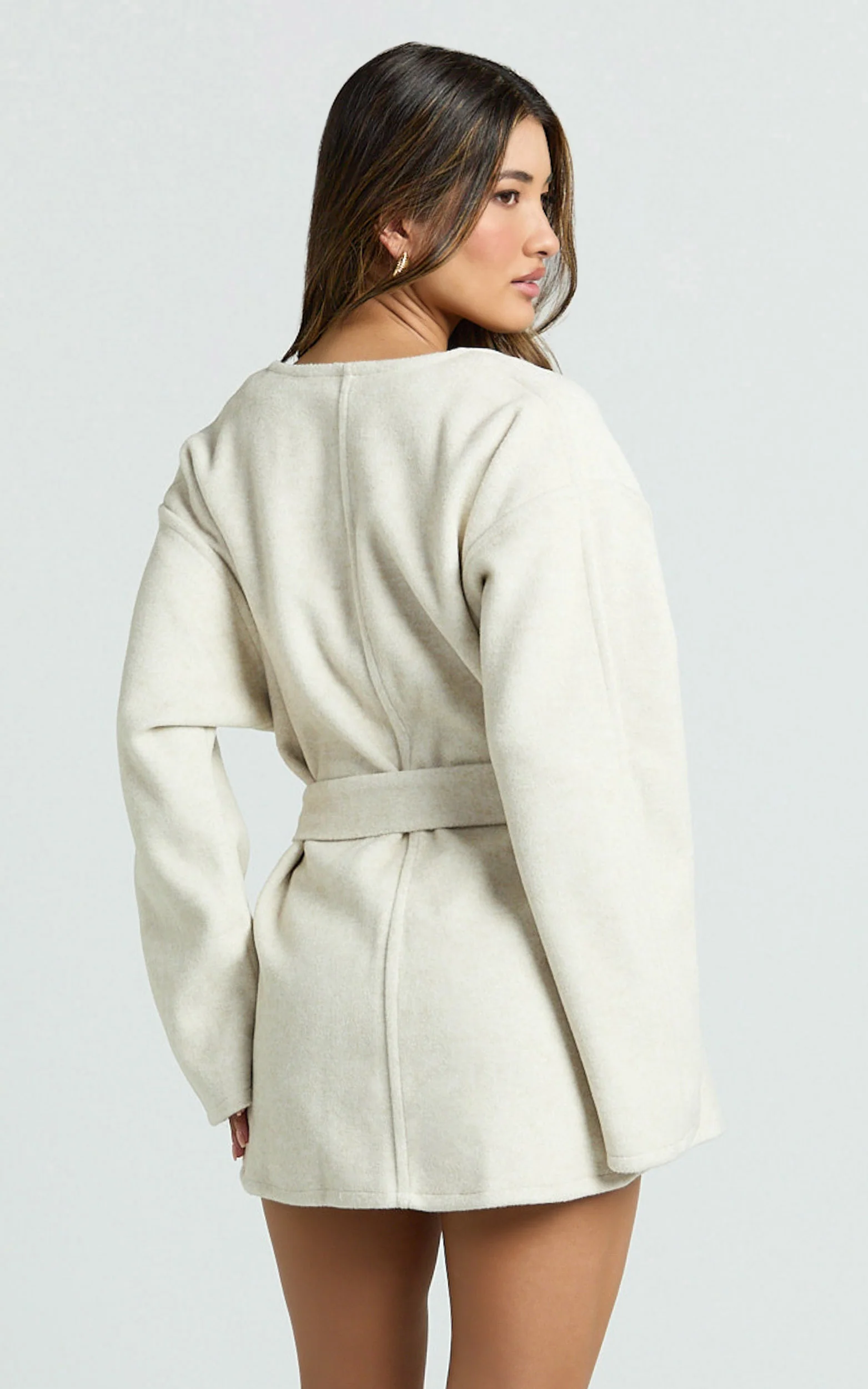 Annalise Jacket - Collarless Tie Waist Wool Look Jacket in Cream - Image 6