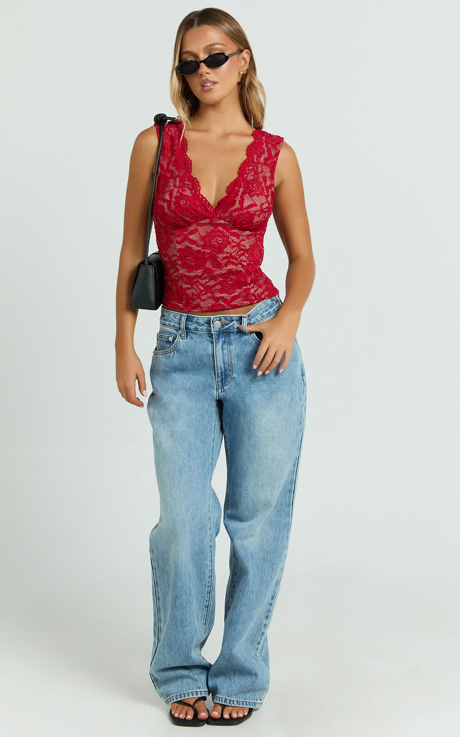 Antonia Top - V Neck Lace Detail Top in Dark Red - Image 3