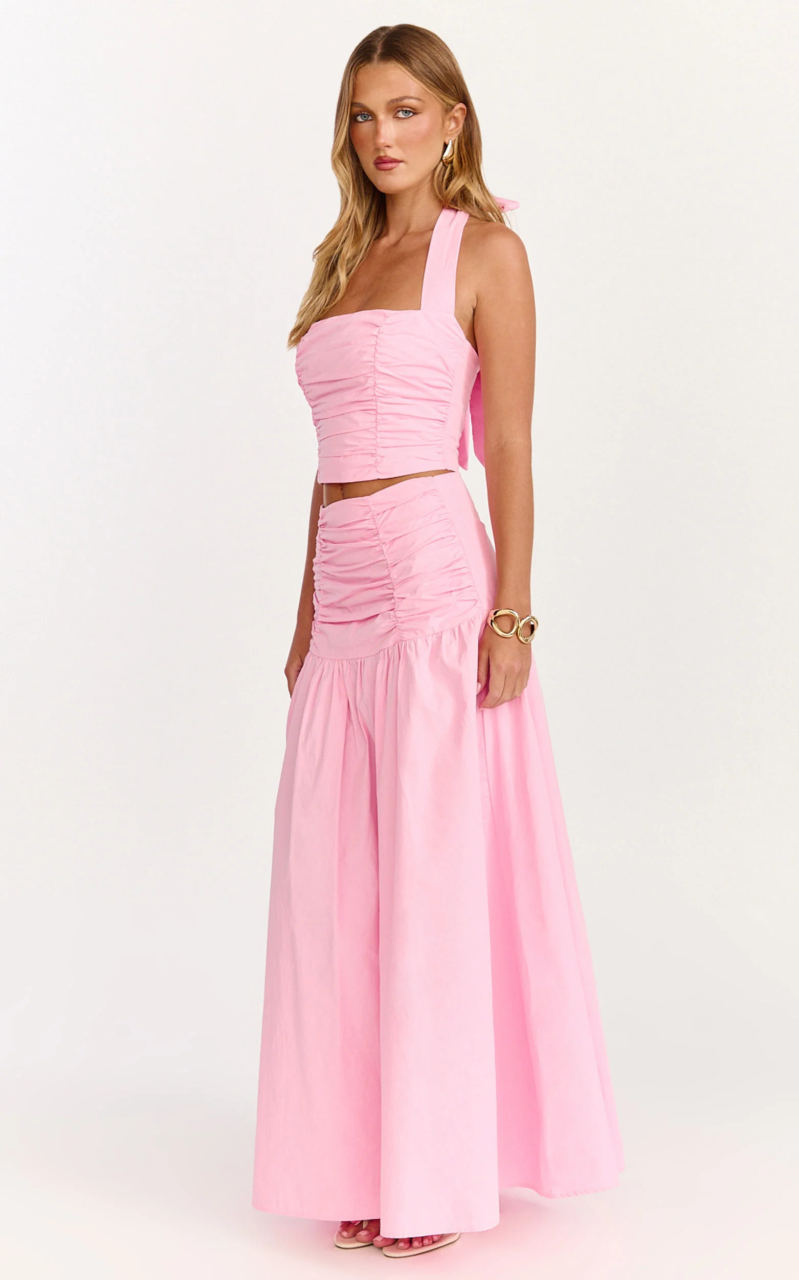 Anya Two Piece Top and Skirt Set - Gathered Halted Neck Top And High Waist Maxi Skirt in Pink - Image 5