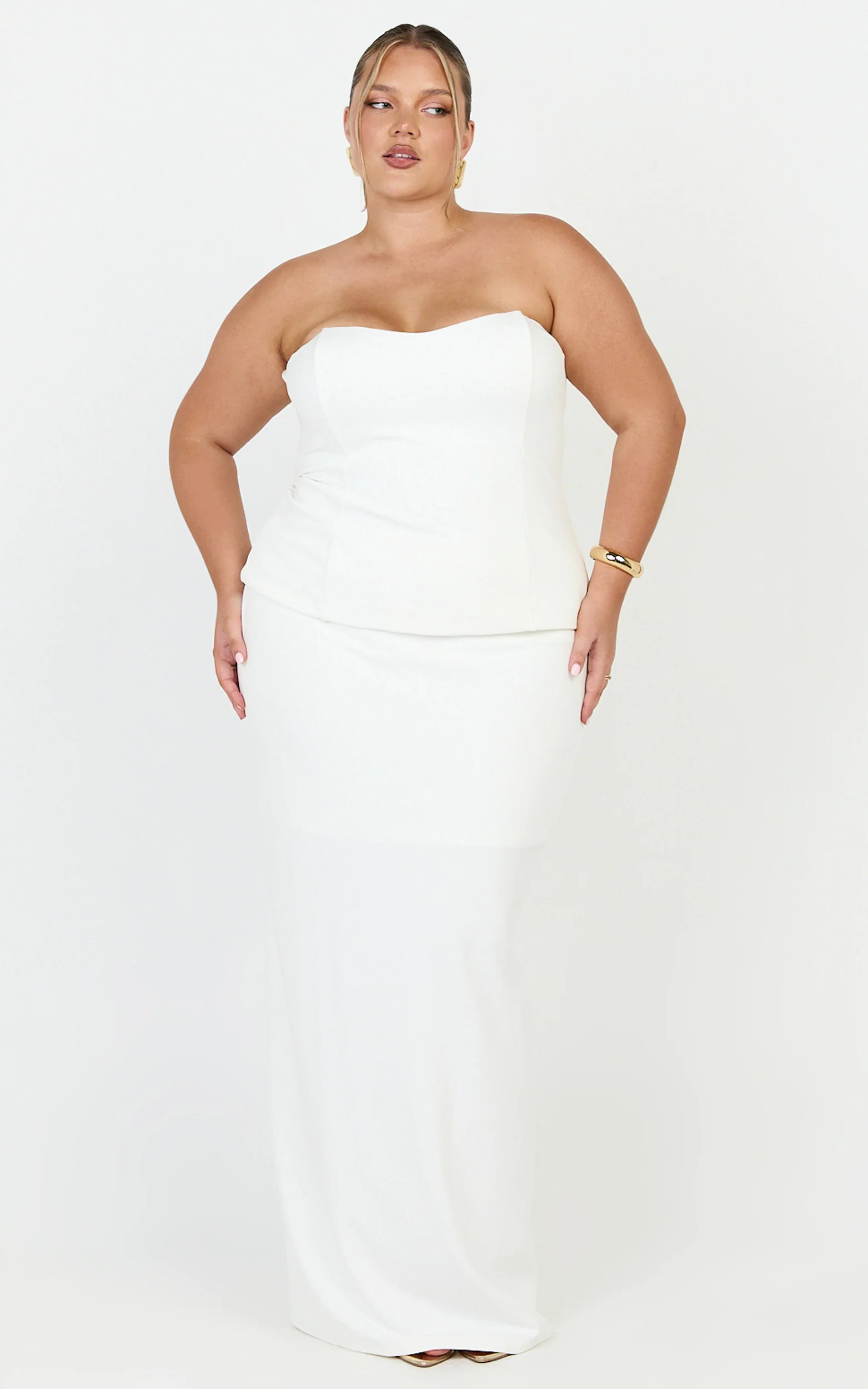 Anya Two Piece Top and Skirt Set - Strapless Fit And Flare Top And Maxi Skirt in Cream - Image 4