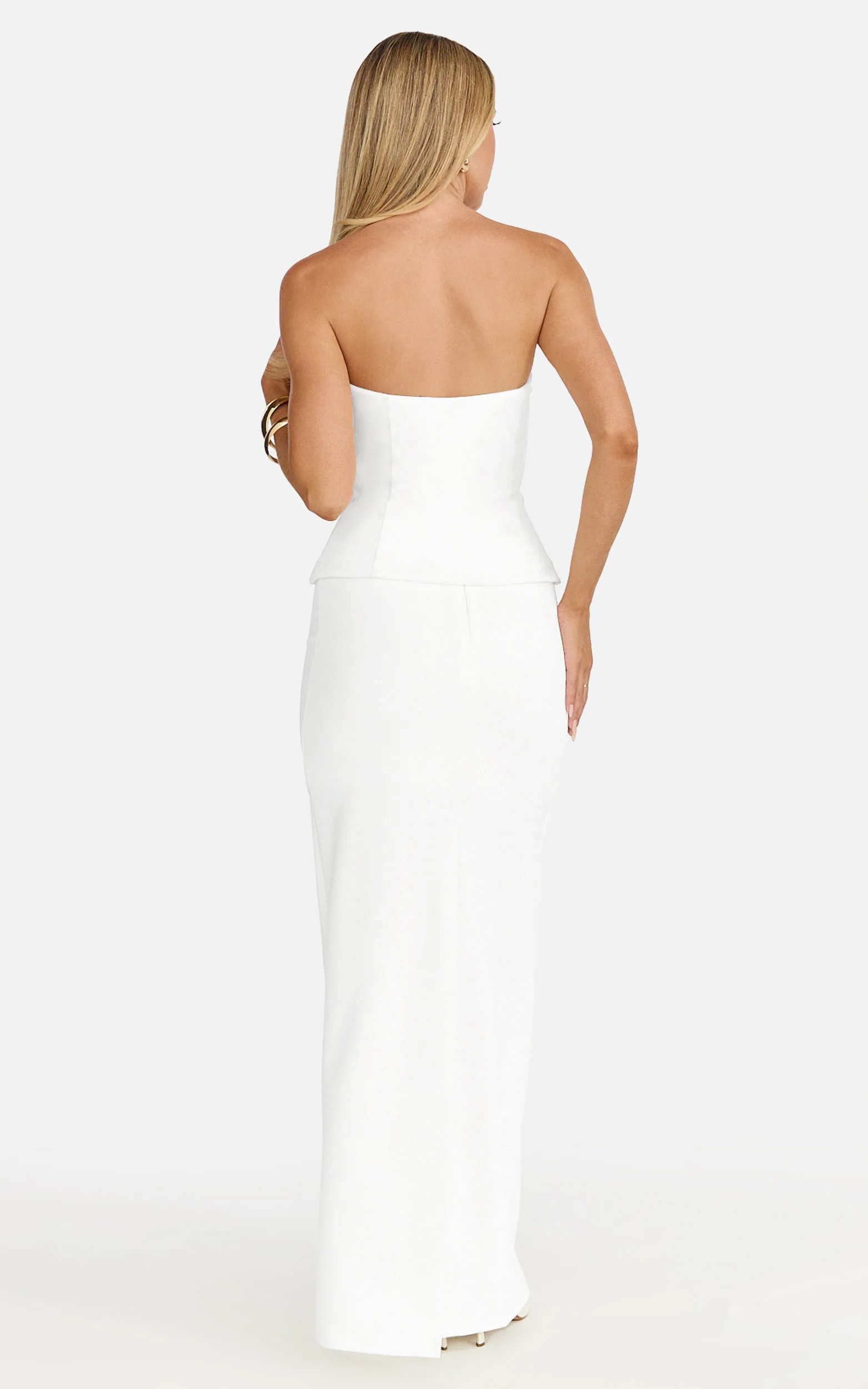 Anya Two Piece Top and Skirt Set - Strapless Fit And Flare Top And Maxi Skirt in Cream - Image 7