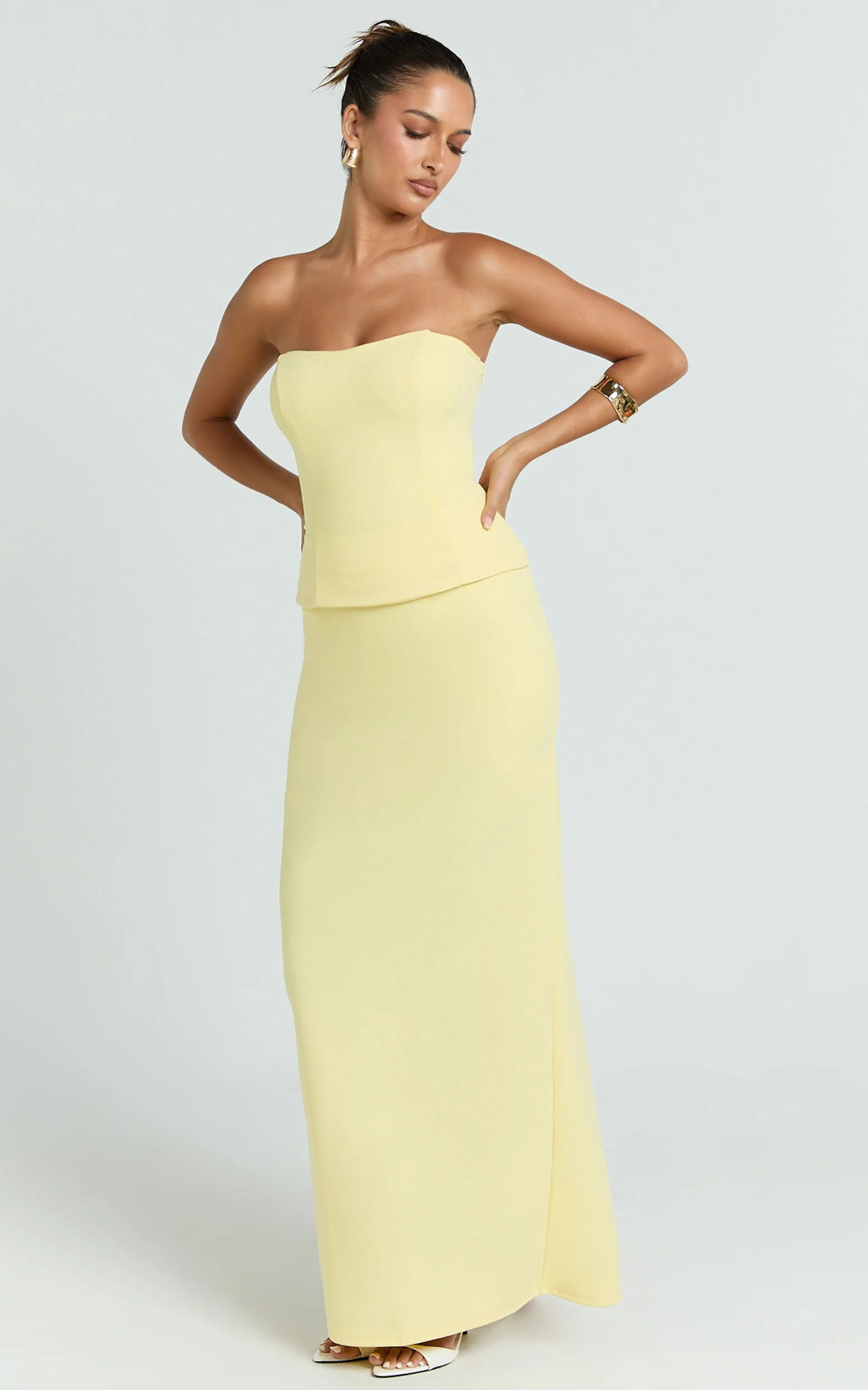 Anya Two Piece Top and Skirt Set - Strapless Fit And Flare Top And Maxi Skirt in Lemon - Image 2