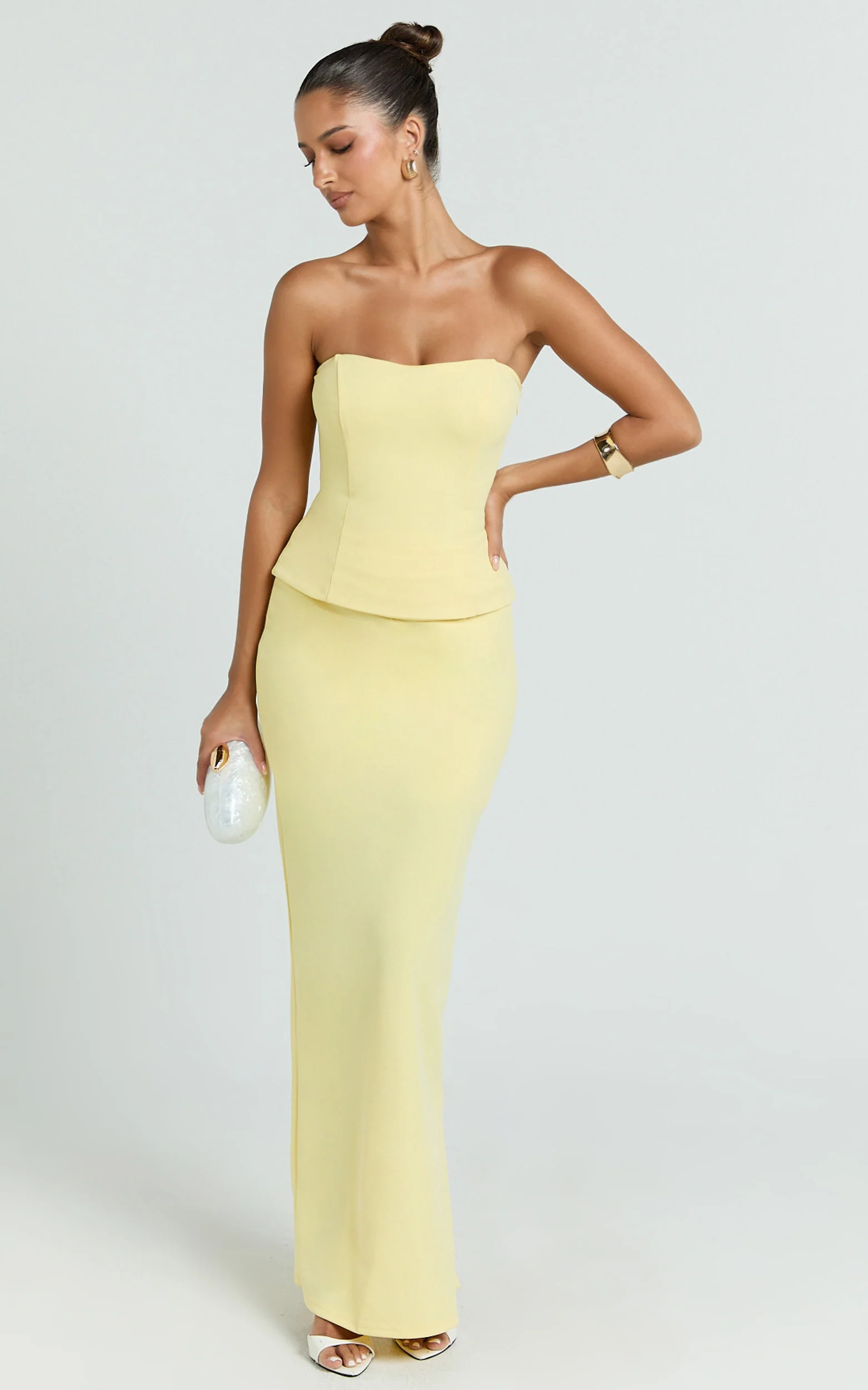 Anya Two Piece Top and Skirt Set - Strapless Fit And Flare Top And Maxi Skirt in Lemon - Image 3