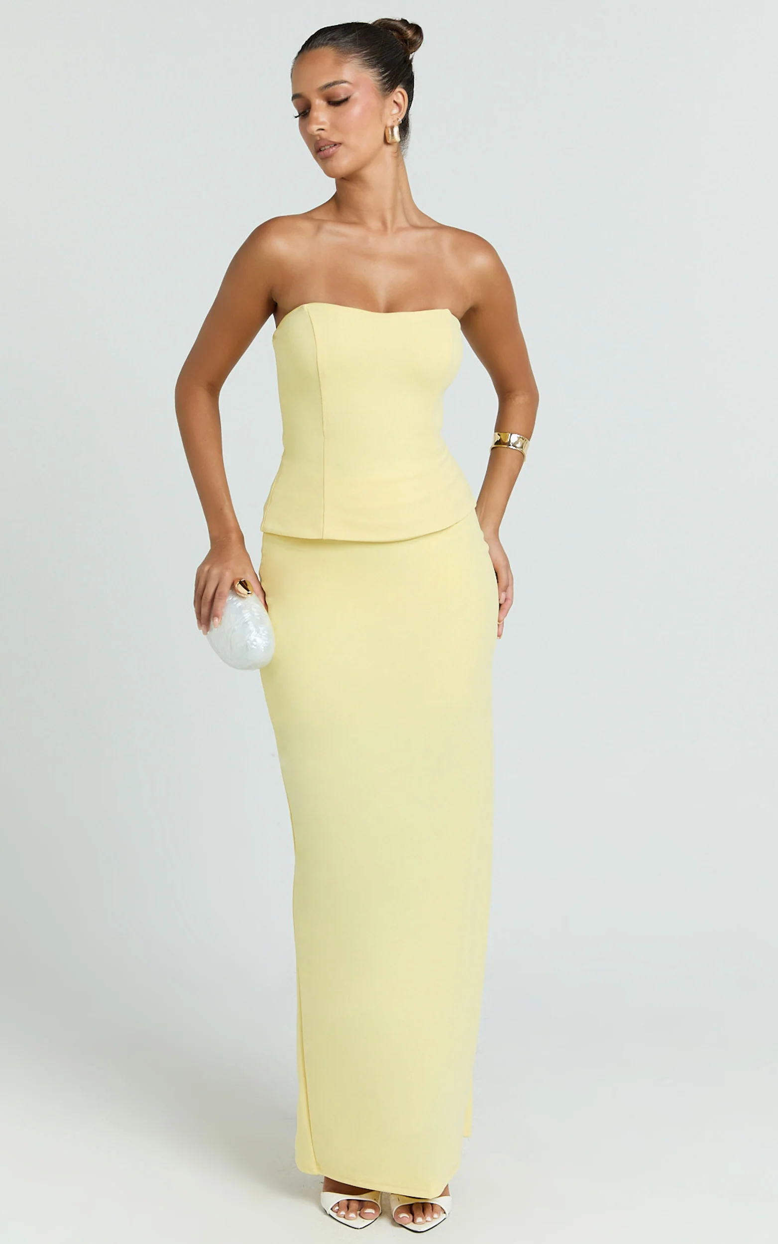 Anya Two Piece Top and Skirt Set - Strapless Fit And Flare Top And Maxi Skirt in Lemon - Image 4