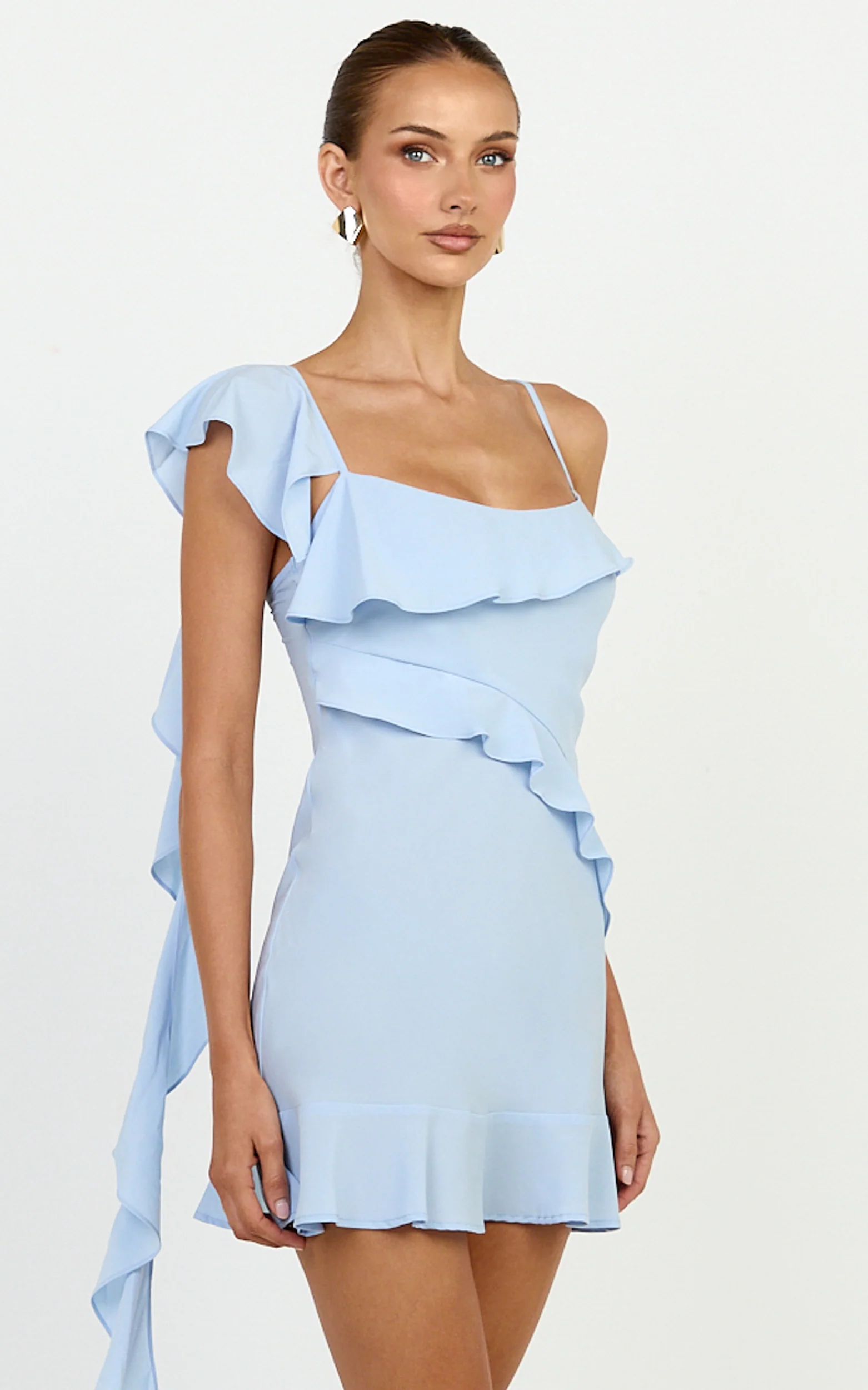 Arabella Mini Dress - Ruffle Frilled Hem Fit And Flare Dress in Blue - Image 4