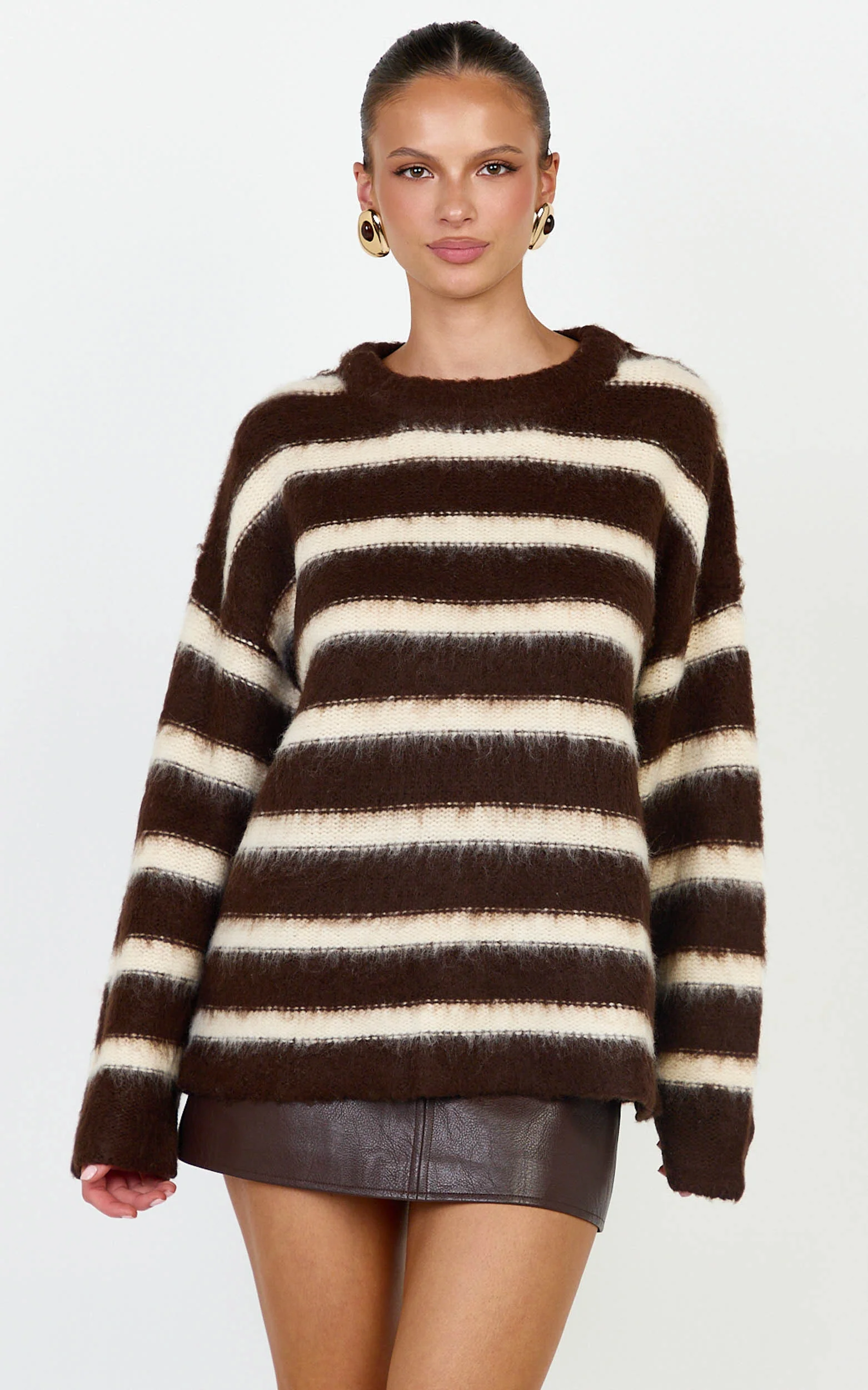 Aria Jumper - Fluffy Striped Knit Jumper in Chocolate - Image 3