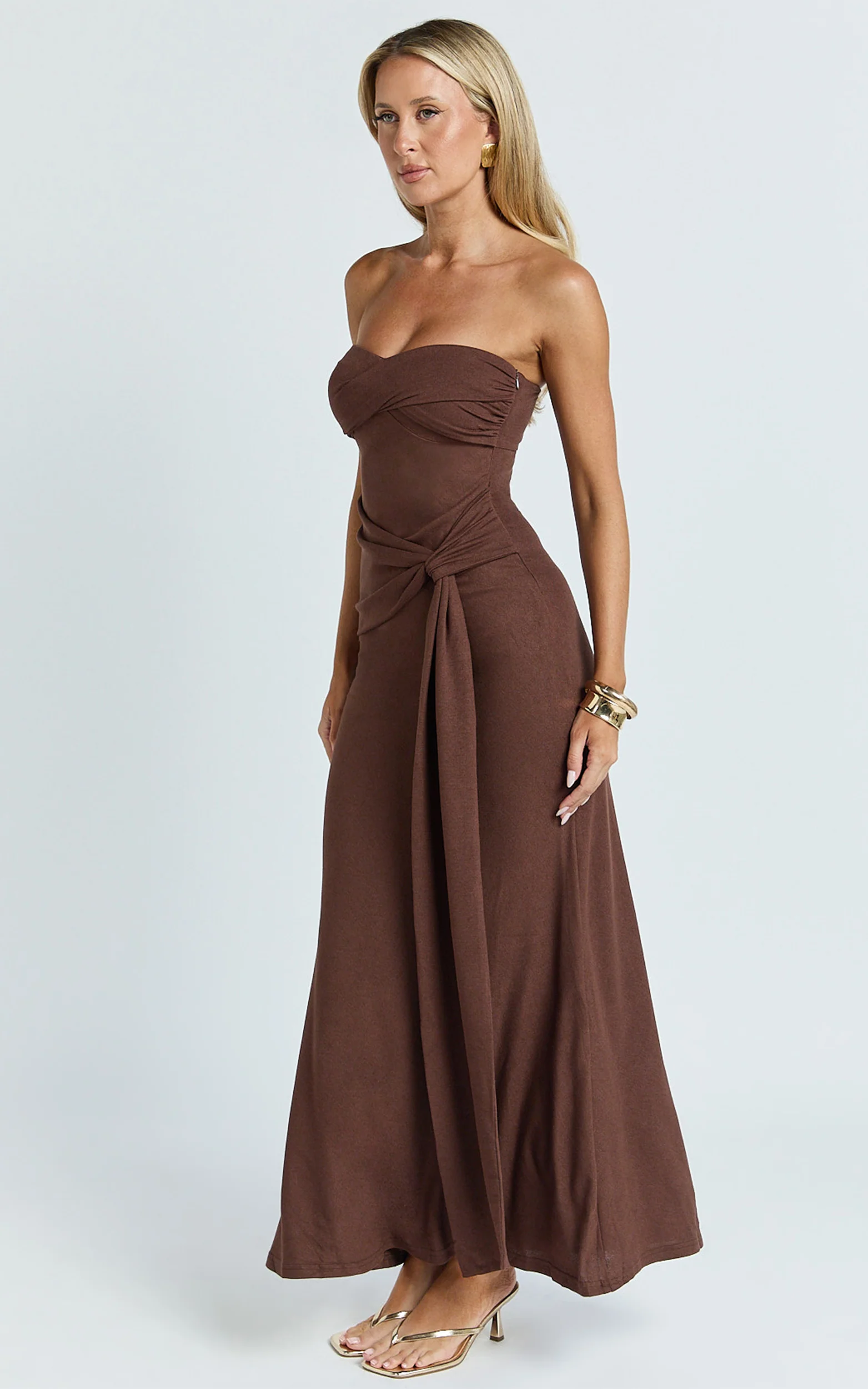 Aria Midi Dress - Strapless Tie Waist Dress in Chocolate - Image 2