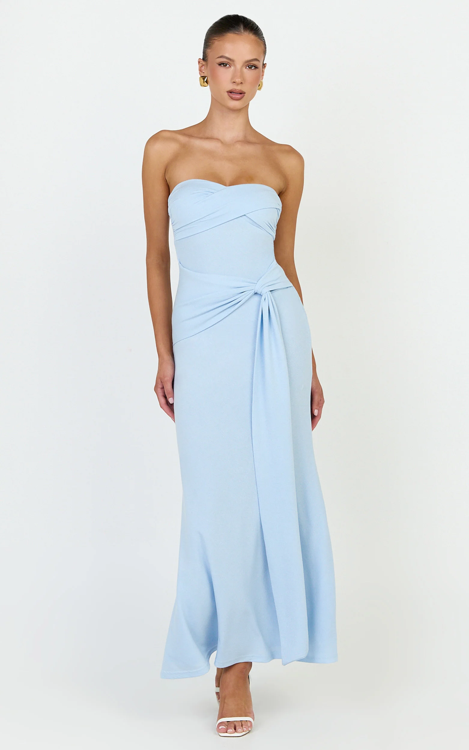 Aria Midi Dress - Strapless Tie Waist Dress in Light Blue - Image 4