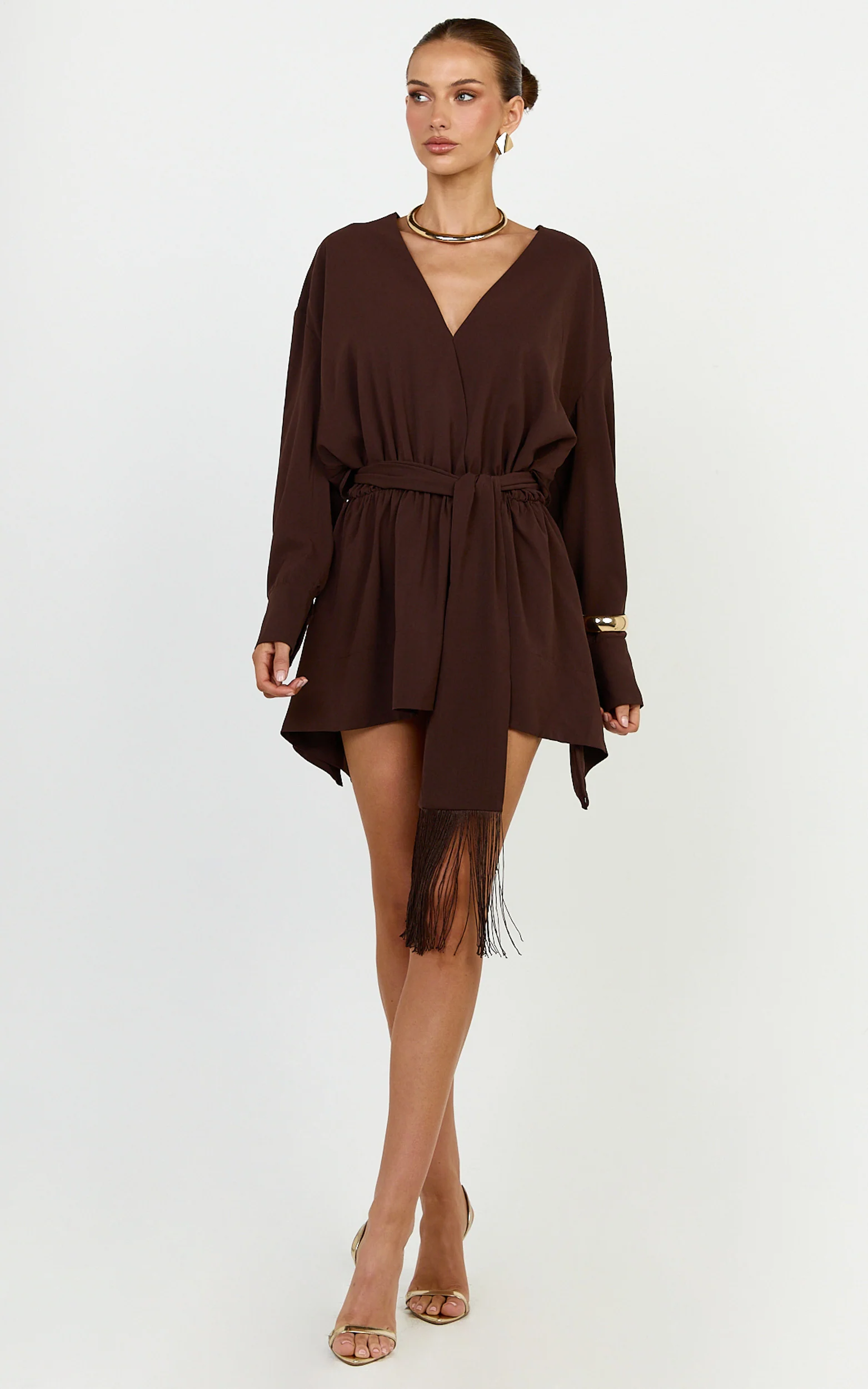 Ariette Mini Dress - Plunge Neck Fringe Detail Belt Dress in Chocolate - Image 3