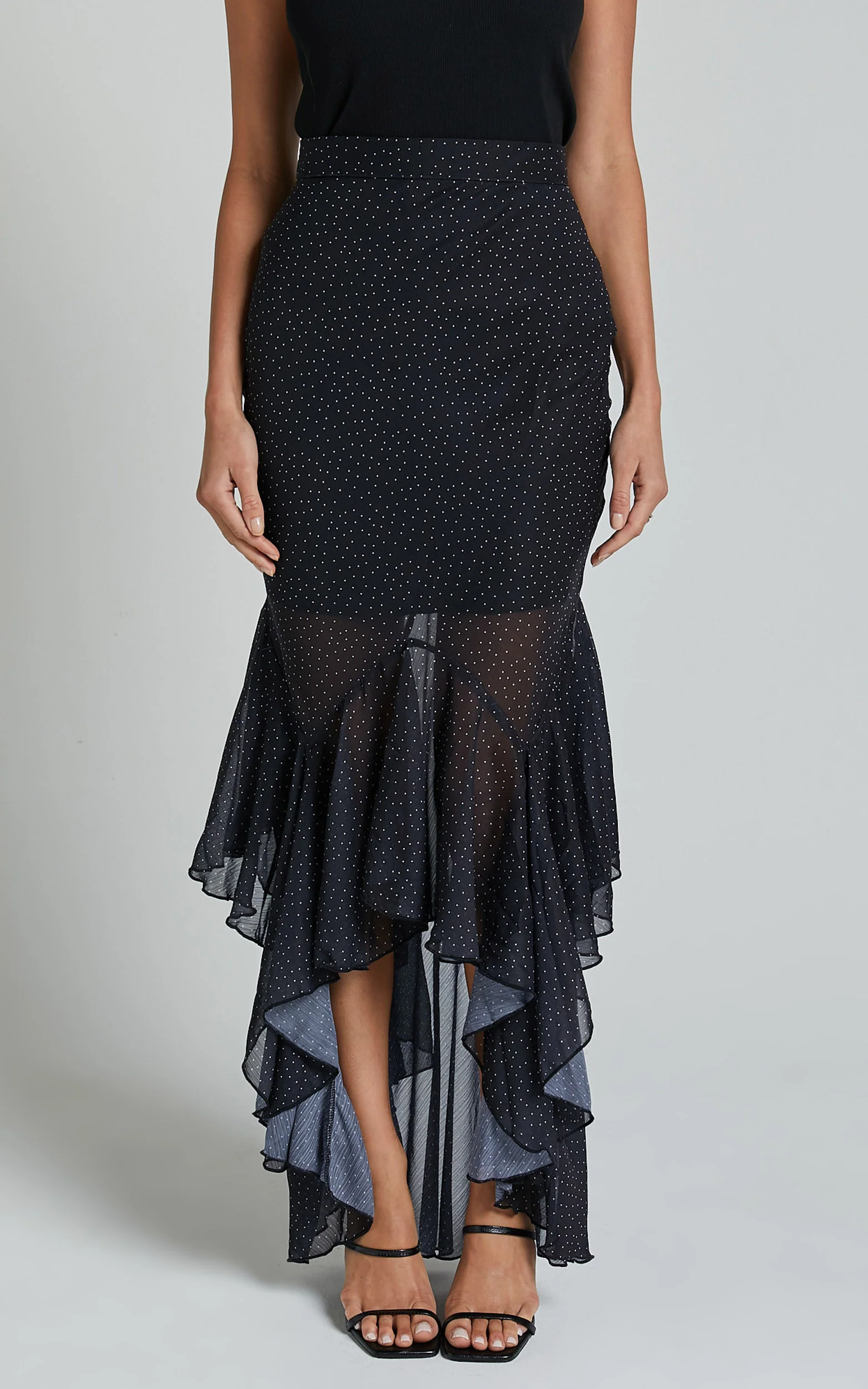Artemisia Maxi Skirt - Frill Detail Sheer High Low Skirt in Black Polka - Image 6