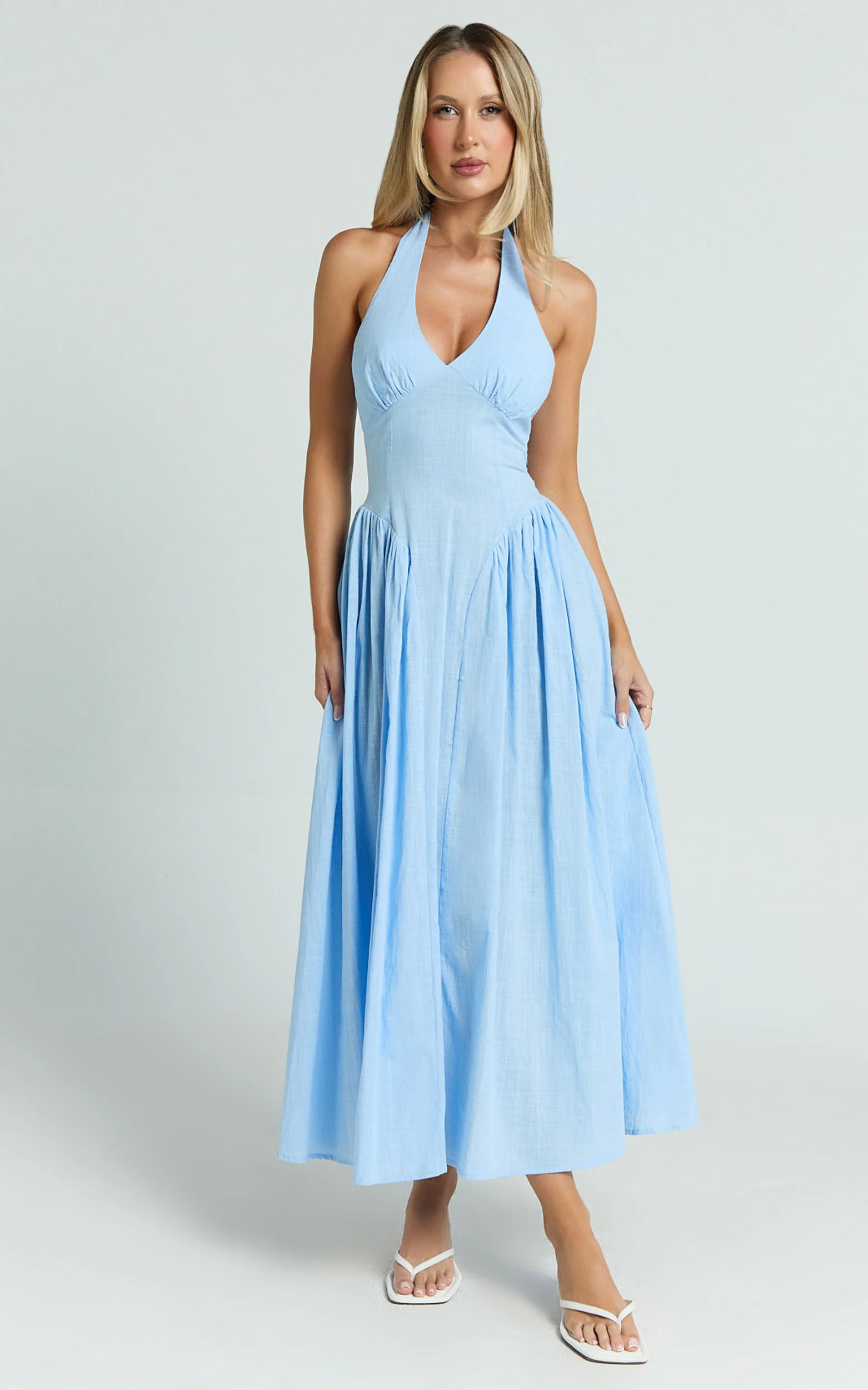 Athena Midi Dress - Halter Drop Waist Dress in Blue - Image 3