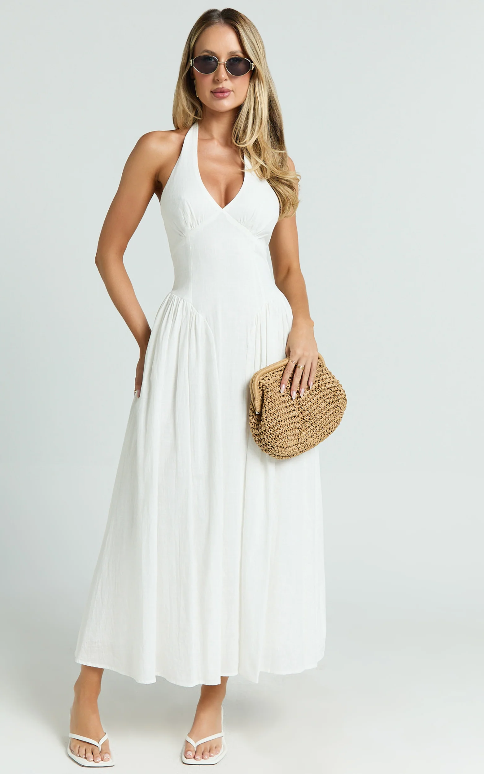 Athena Midi Dress - Halter Drop Waist Dress in White - Image 3