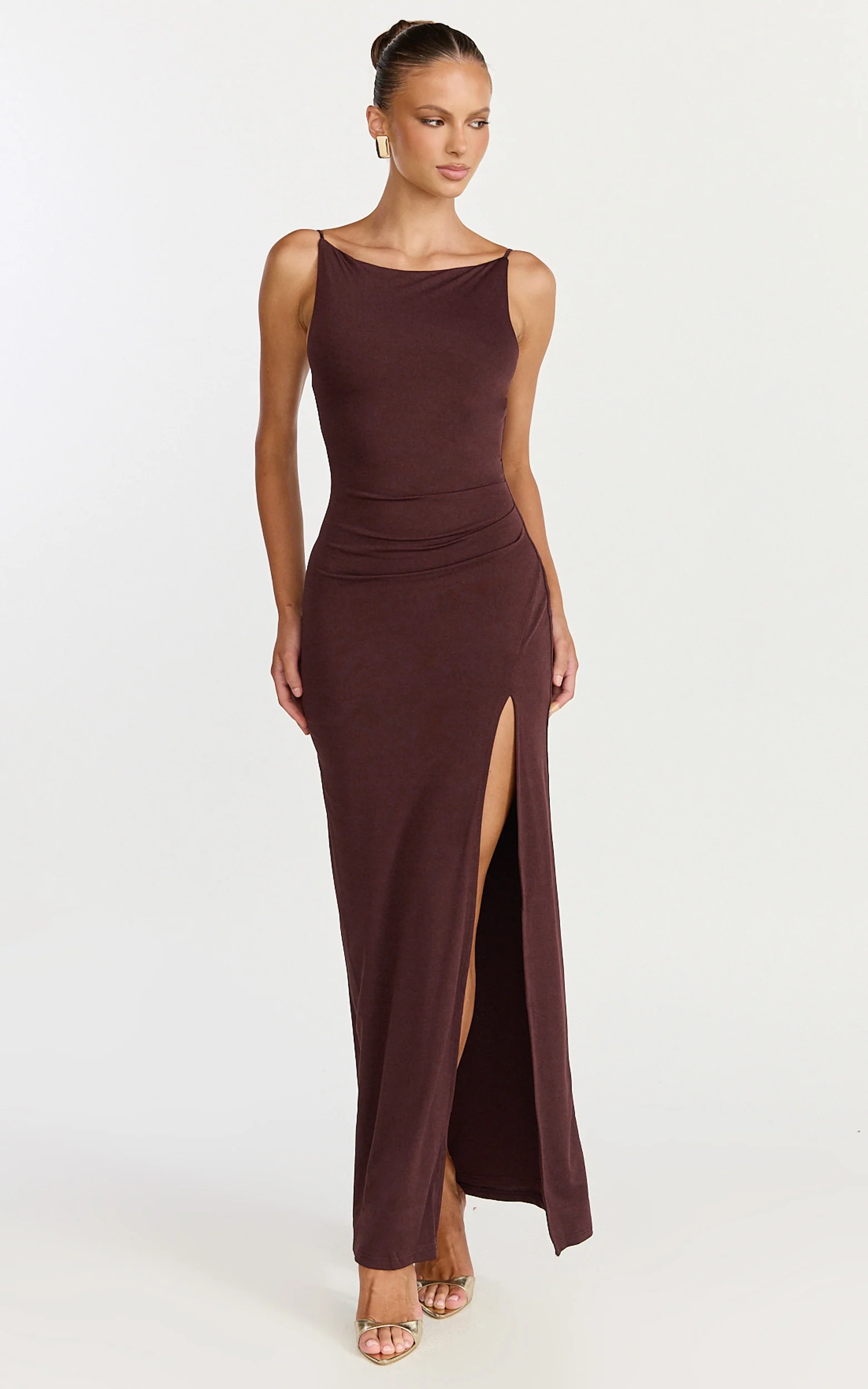 Audette Maxi Dress - Boat Neck Ruched Fitted Dress in Chocolate - Image 4