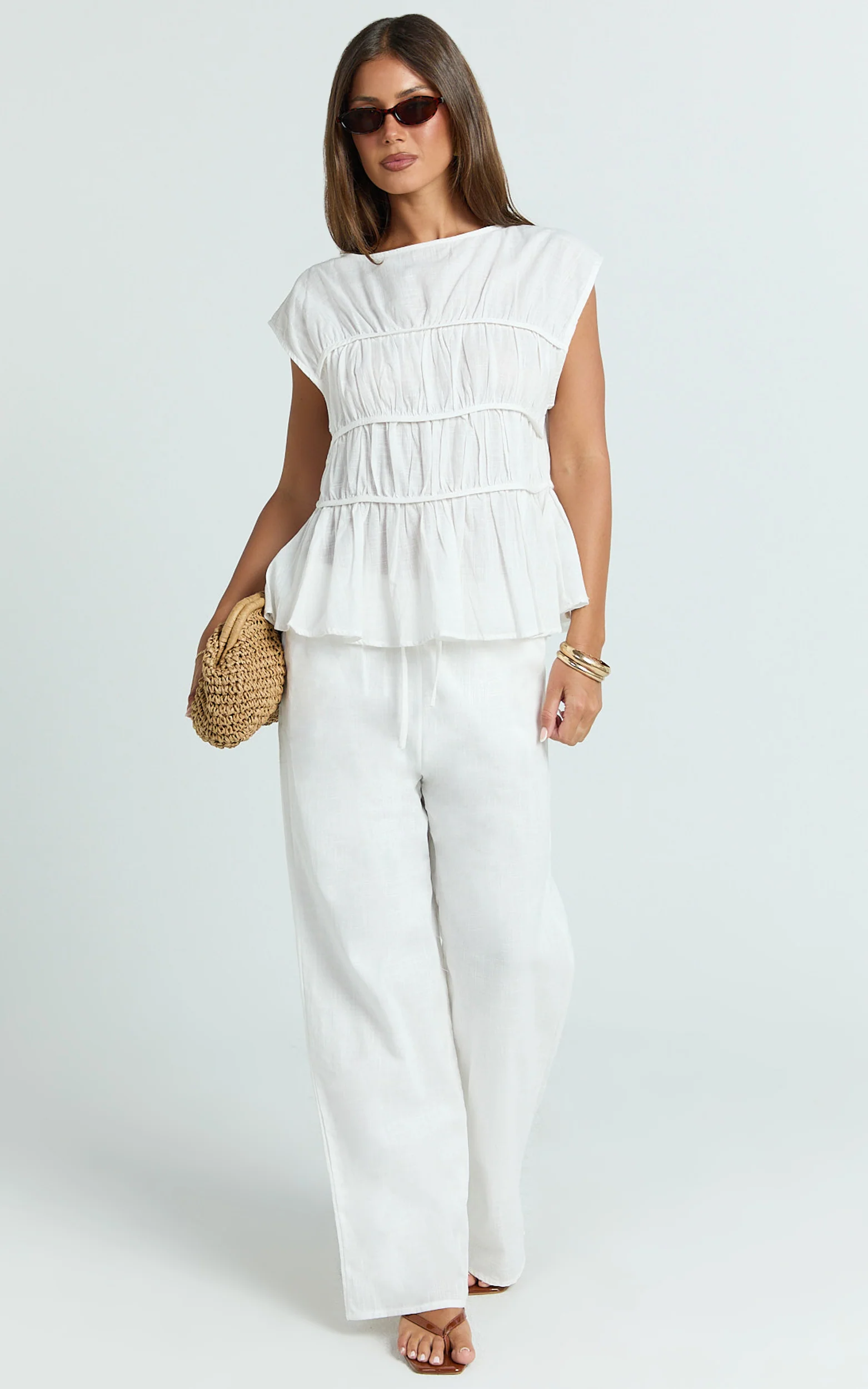 Auric Two Piece Set - Ruched Detail Top and Wide Leg Pants Set in Cream - Image 3