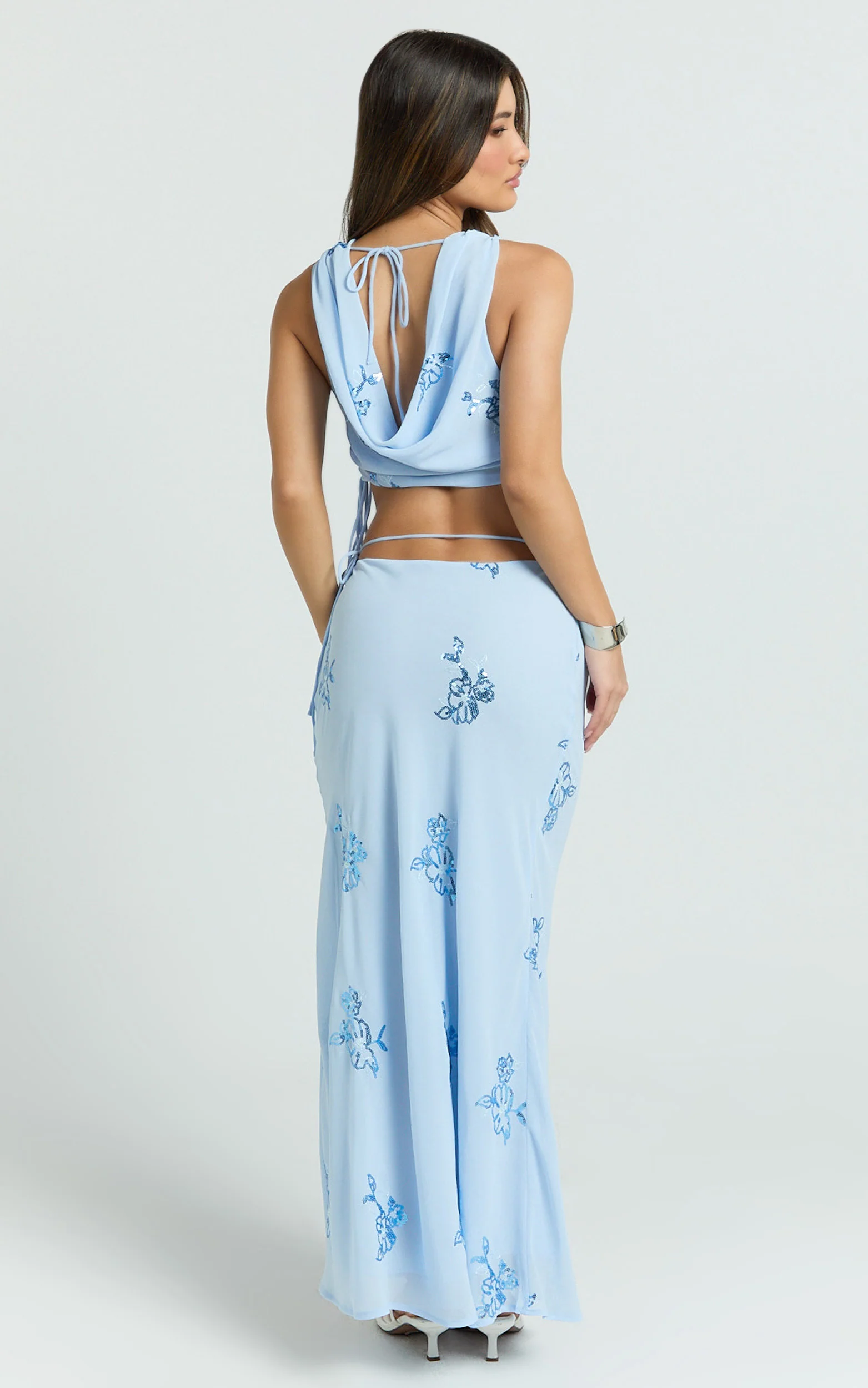 Aurora Two Piece Top and Skirt Set -  Floral Sequin Cowl Neck Top And Maxi Skirt in Baby Blue - Image 2