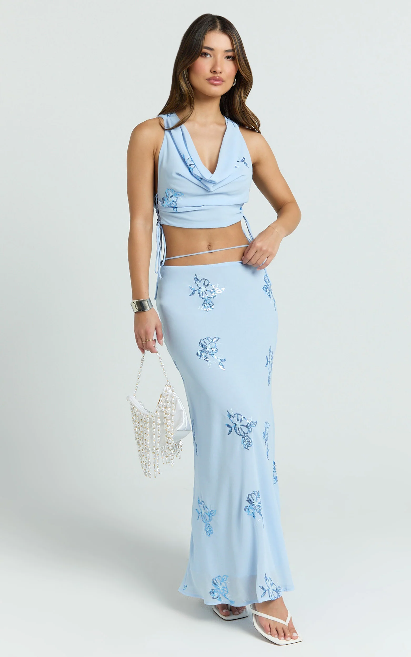 Aurora Two Piece Top and Skirt Set -  Floral Sequin Cowl Neck Top And Maxi Skirt in Baby Blue - Image 3