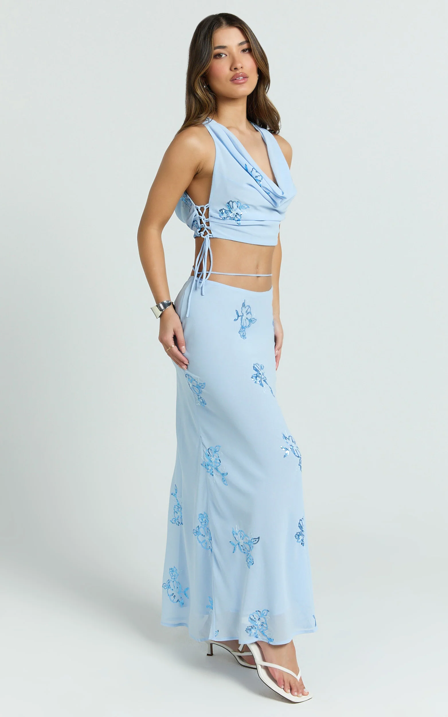 Aurora Two Piece Top and Skirt Set -  Floral Sequin Cowl Neck Top And Maxi Skirt in Baby Blue - Image 5