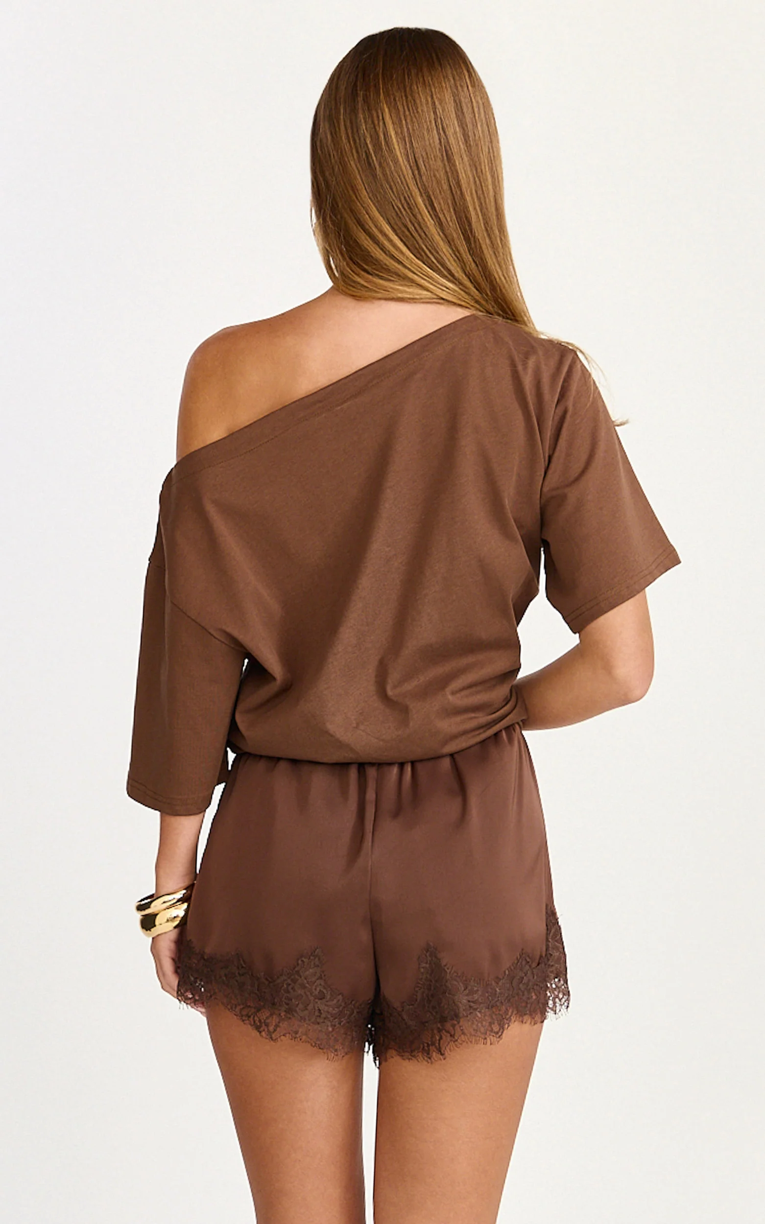 Ava Shorts - Lace Trim Elasticated Waist Shorts in Chocolate - Image 6