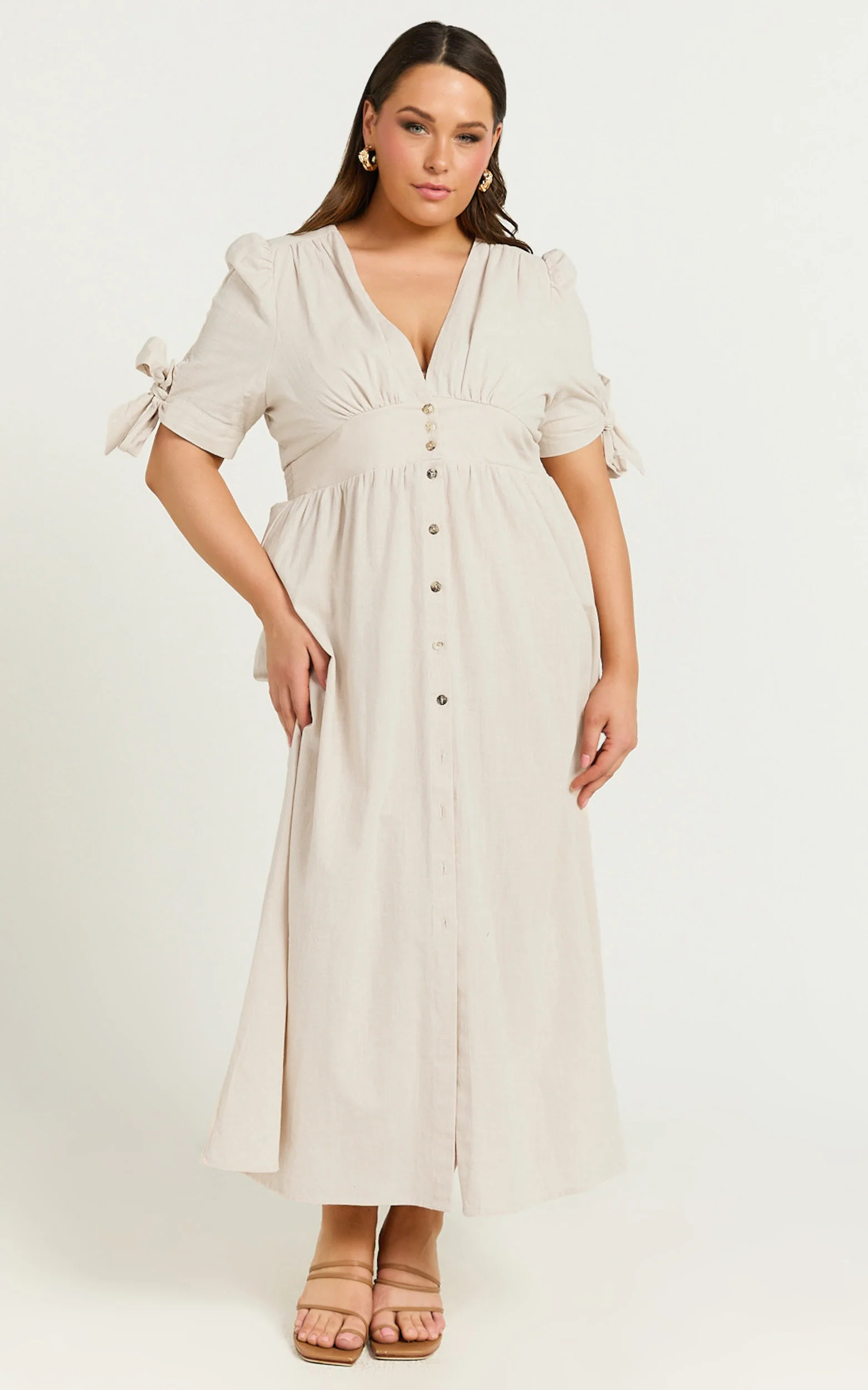 Avegail Midi Dress - V Neck Button Through Short Sleeve Dress in Bone - Image 4
