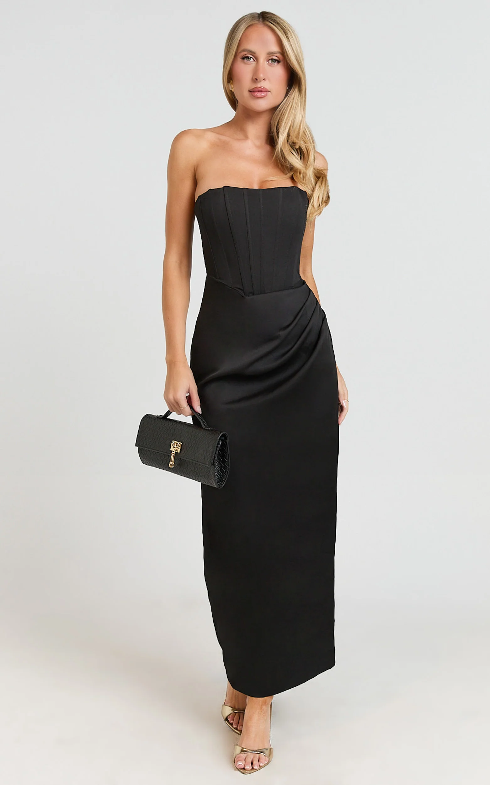 Avery Midi Dress - Strapless Draped Side Split Dress in Black - Image 7