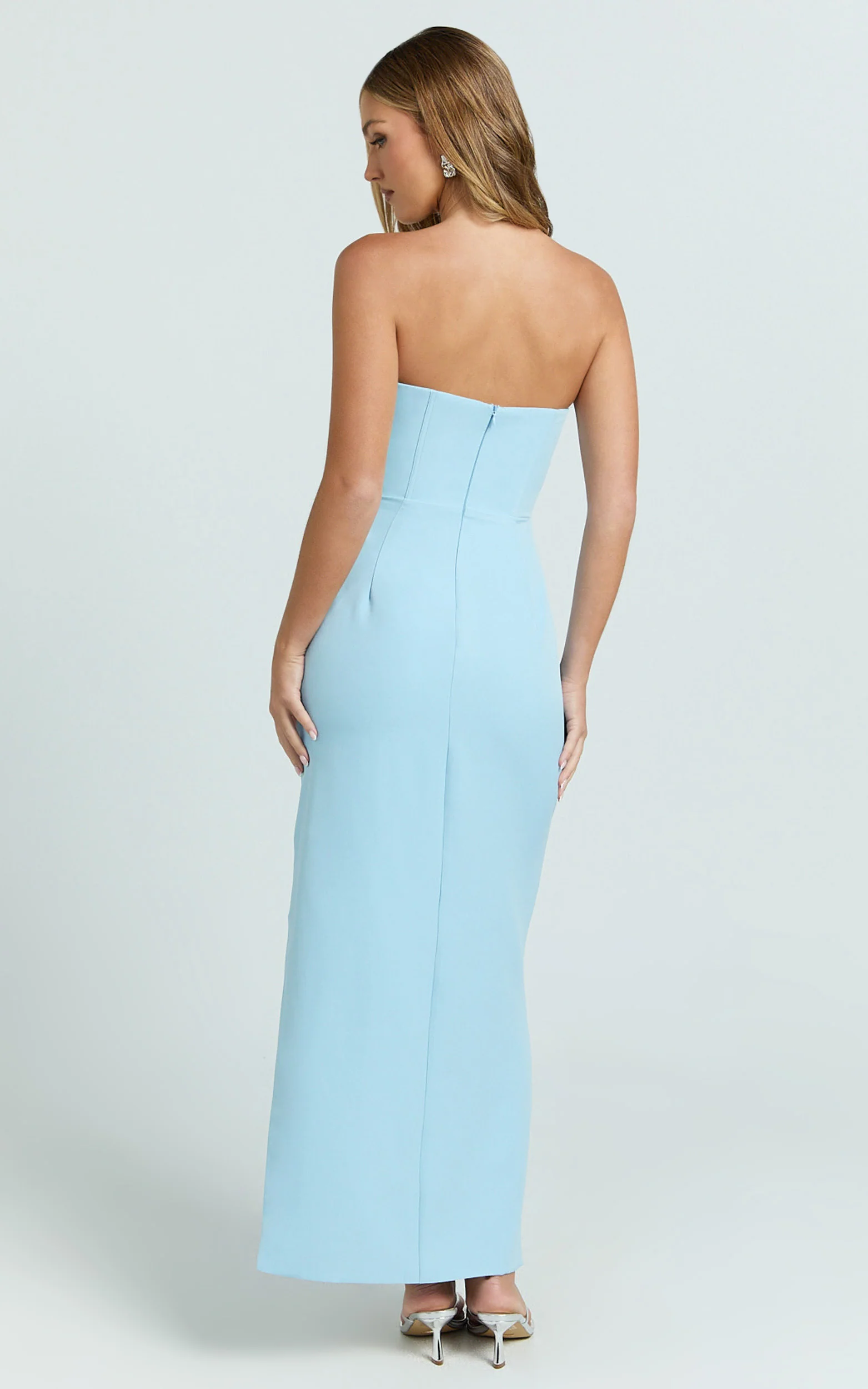 Avery Midi Dress - Strapless Draped Side Split Dress in Blue - Image 5